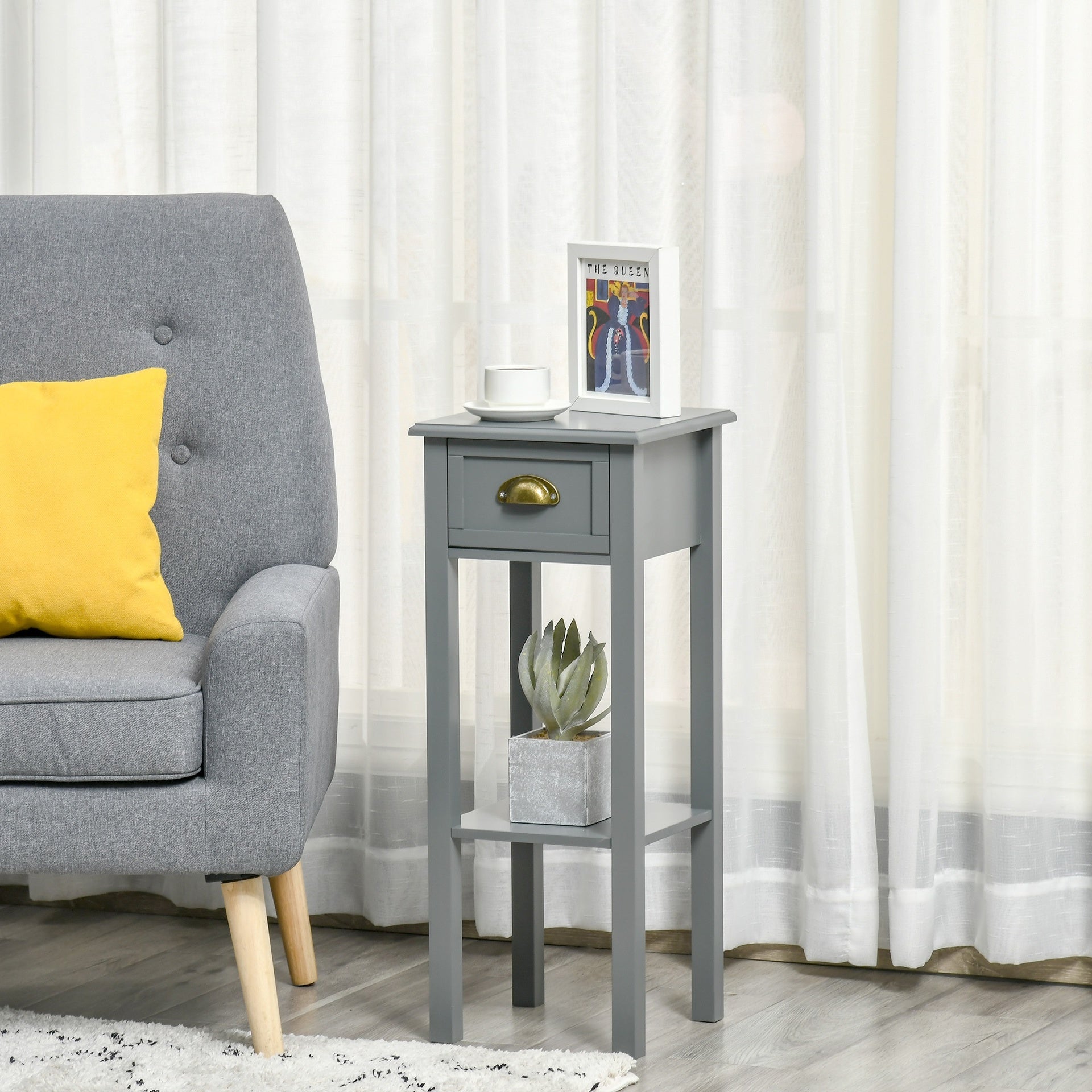 HOMCOM 2-Tier Tall Side Table, Nightstand End Table w/ Drawer & Bottom Shelf for Living Room, Bedroom, Gray