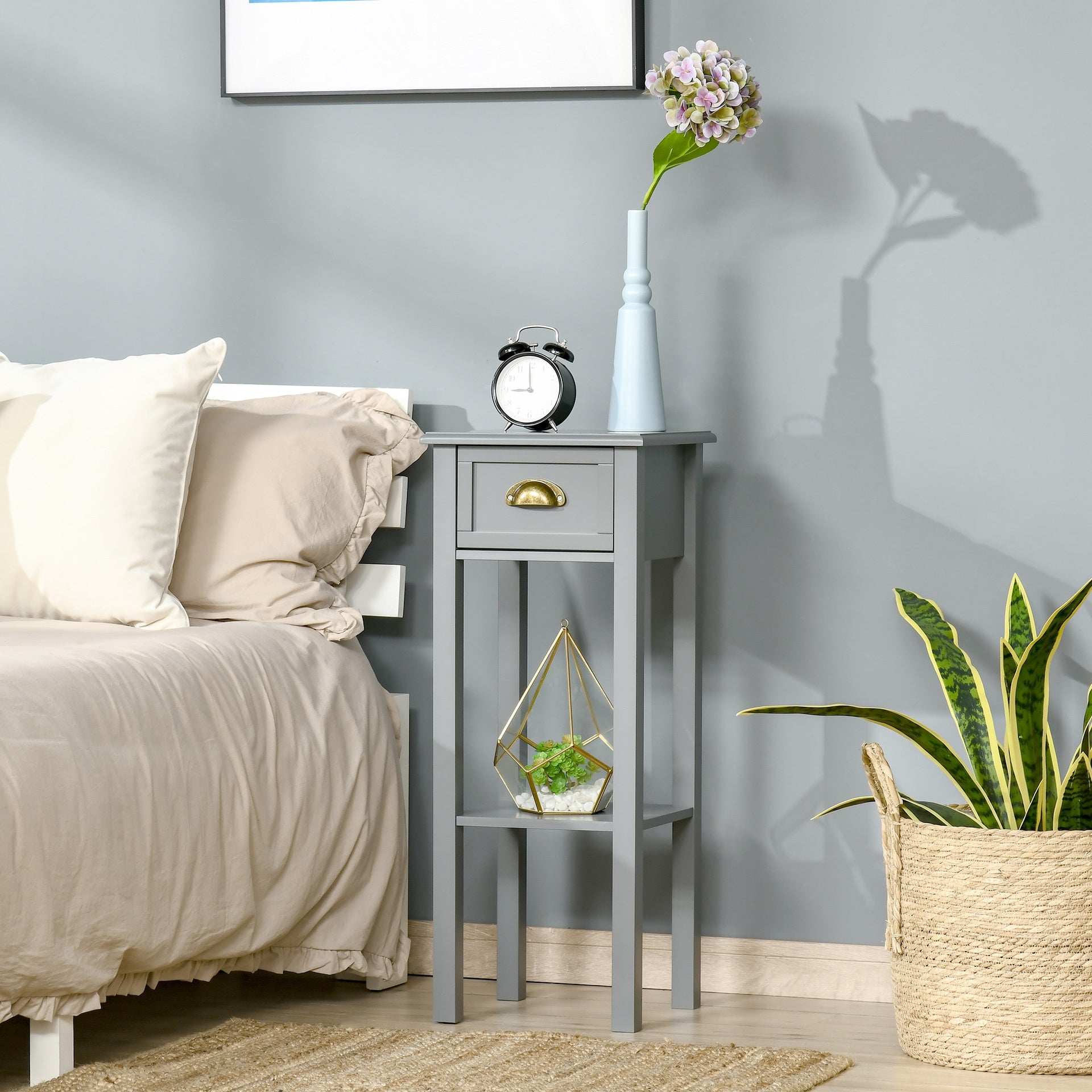 HOMCOM 2-Tier Tall Side Table, Nightstand End Table w/ Drawer & Bottom Shelf for Living Room, Bedroom, Gray