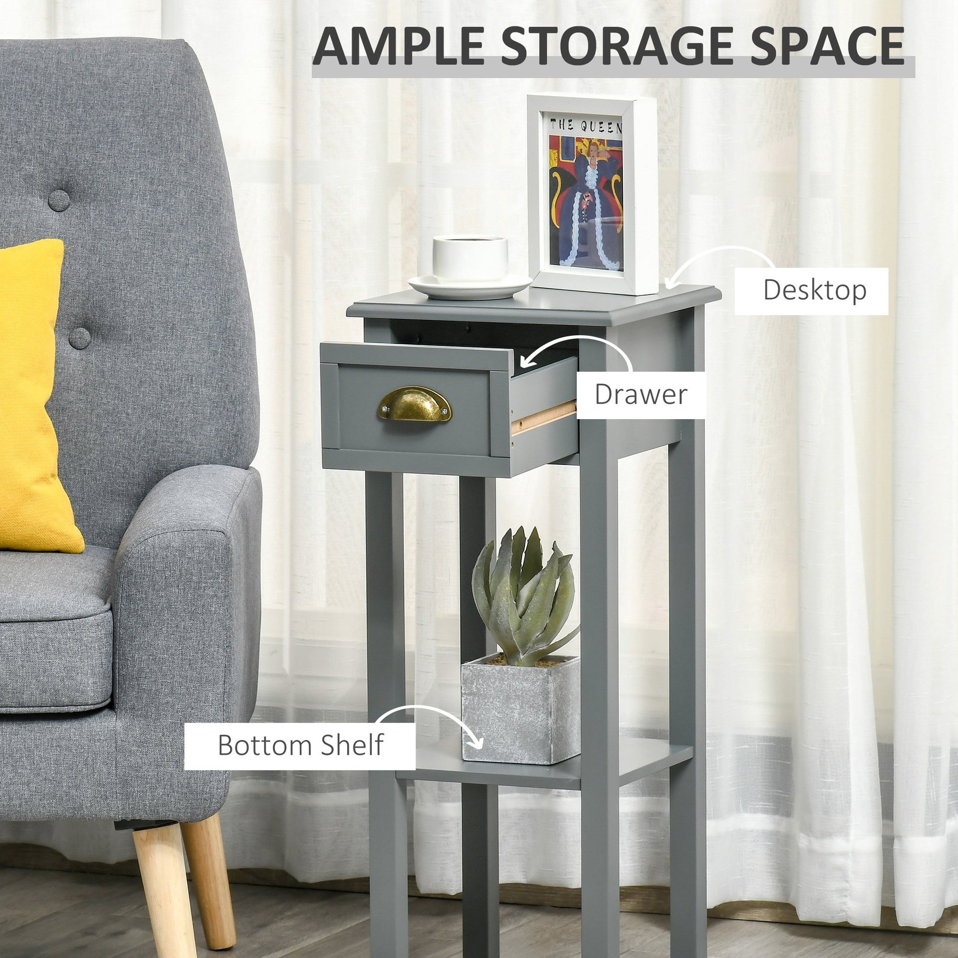 HOMCOM 2-Tier Tall Side Table, Nightstand End Table w/ Drawer & Bottom Shelf for Living Room, Bedroom, Gray