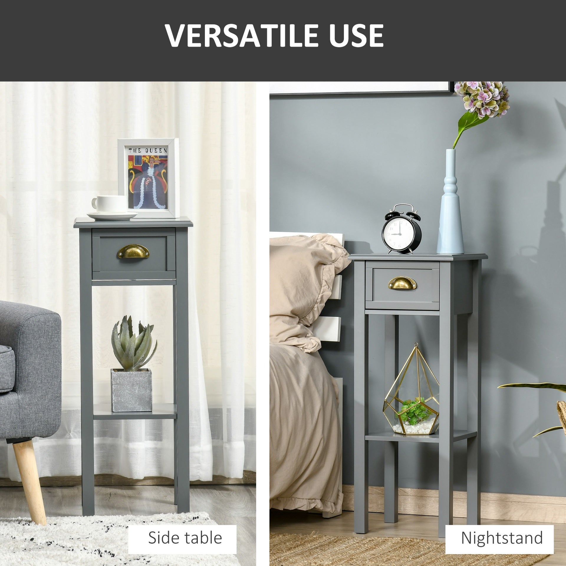 HOMCOM 2-Tier Tall Side Table, Nightstand End Table w/ Drawer & Bottom Shelf for Living Room, Bedroom, Gray