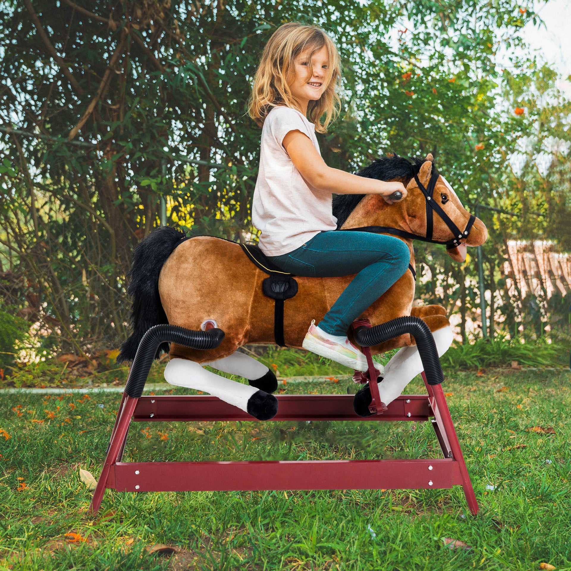 Qaba Durable Kids Plush Spring Rocking Horse, Ride On Rocking Horse with Realistic Sounds, Brown