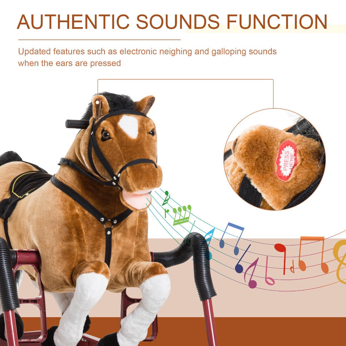 Qaba Durable Kids Plush Spring Rocking Horse, Ride On Rocking Horse with Realistic Sounds, Brown