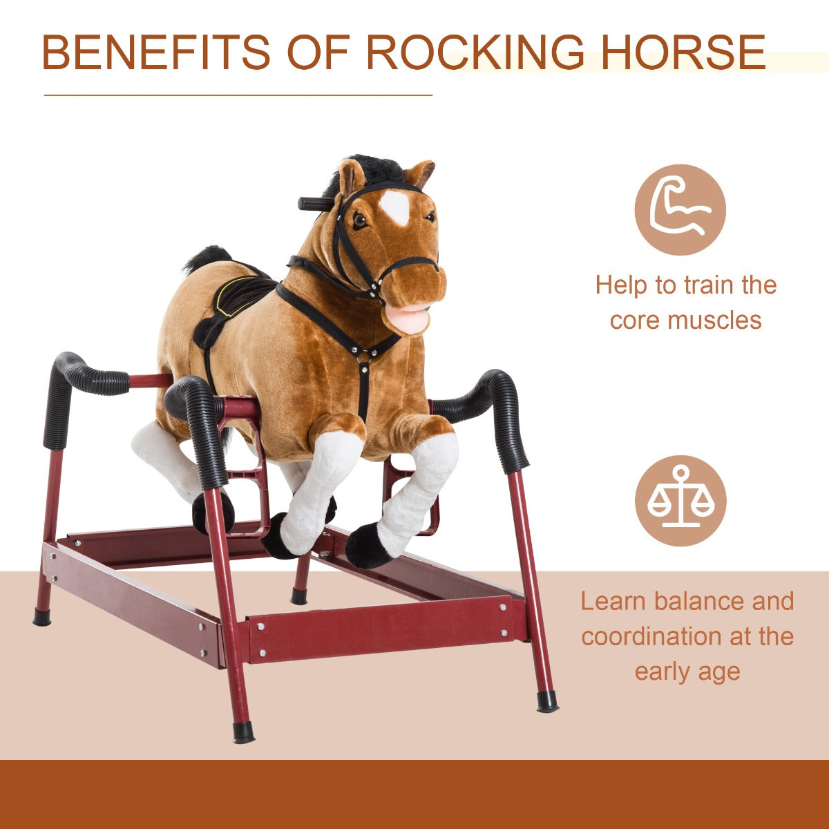 Qaba Durable Kids Plush Spring Rocking Horse, Ride On Rocking Horse with Realistic Sounds, Brown