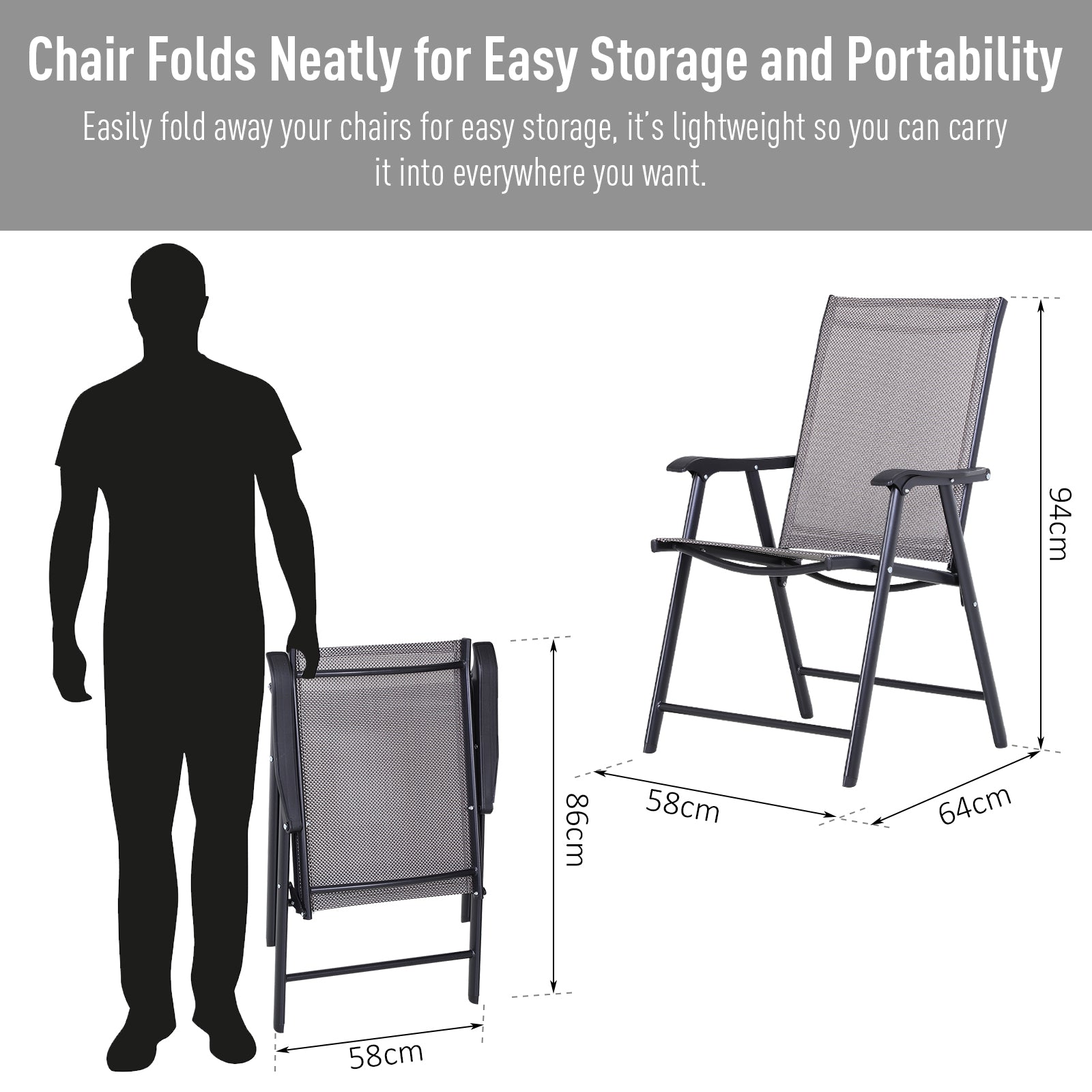 Outsunny Set of 2 Outdoor Folding Chairs, Stackable Patio Dining Chairs with Armrests, Metal Frame, Gray