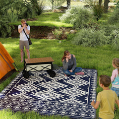 Outsunny Reversible Outdoor Rug, Waterproof Plastic Straw with Carry Bag, 9' x 12', Blue & White Rhombus Border