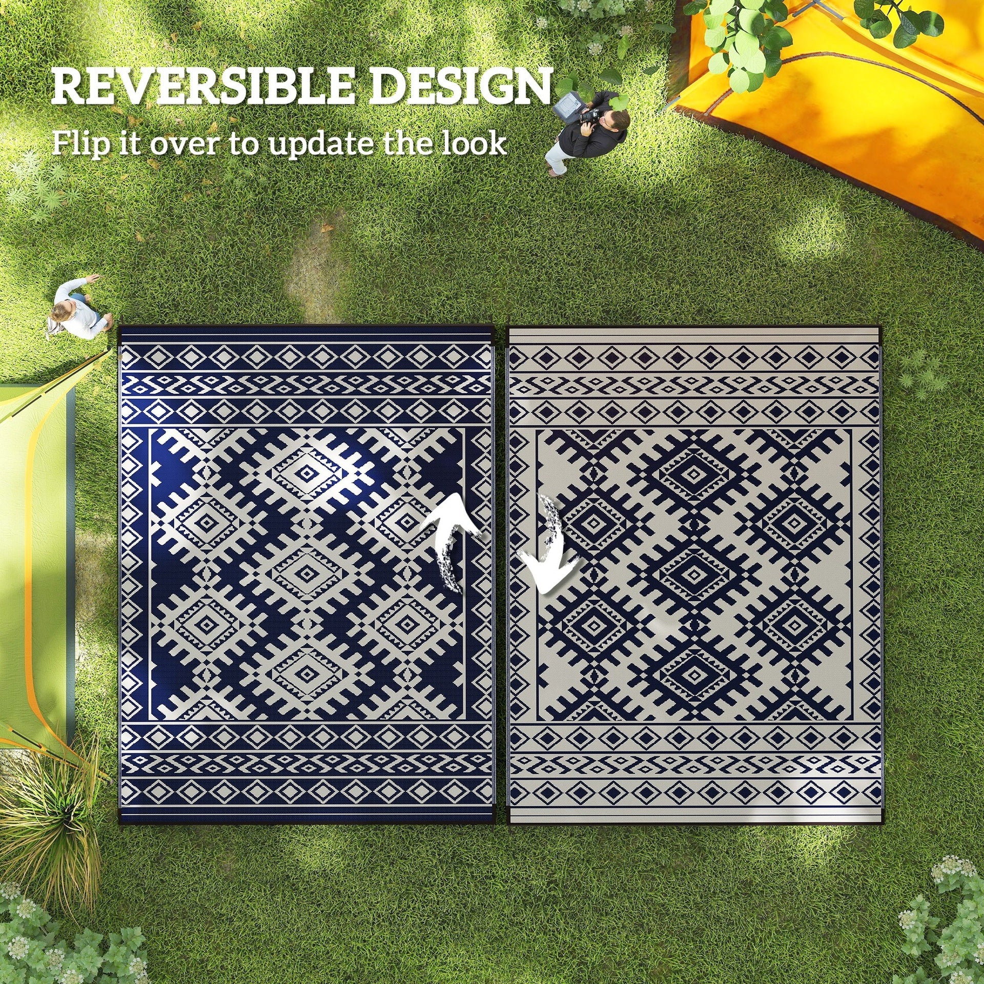 Outsunny Reversible Outdoor Rug, Waterproof Plastic Straw with Carry Bag, 9' x 12', Blue & White Rhombus Border