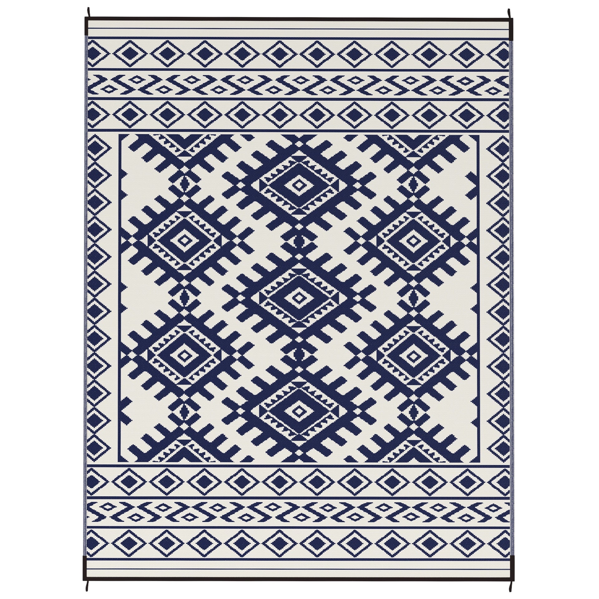 Outsunny Reversible Outdoor Rug, Waterproof Plastic Straw with Carry Bag, 9' x 12', Blue & White Rhombus Border