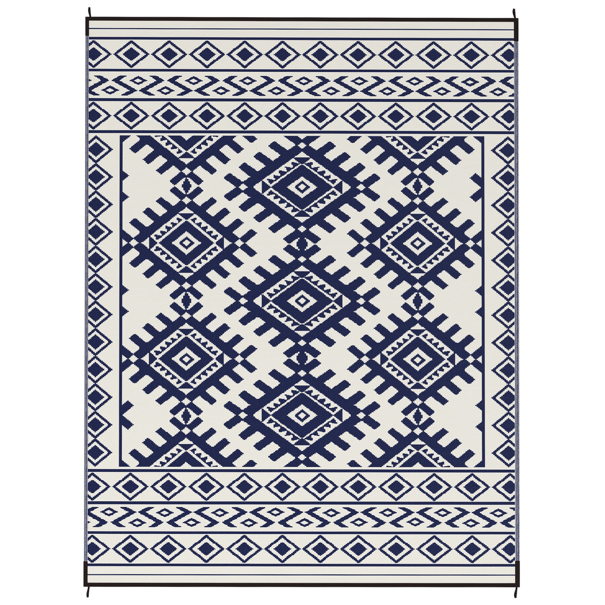 Outsunny Reversible Outdoor Rug, Waterproof Plastic Straw with Carry Bag, 9' x 12', Blue & White Rhombus Border