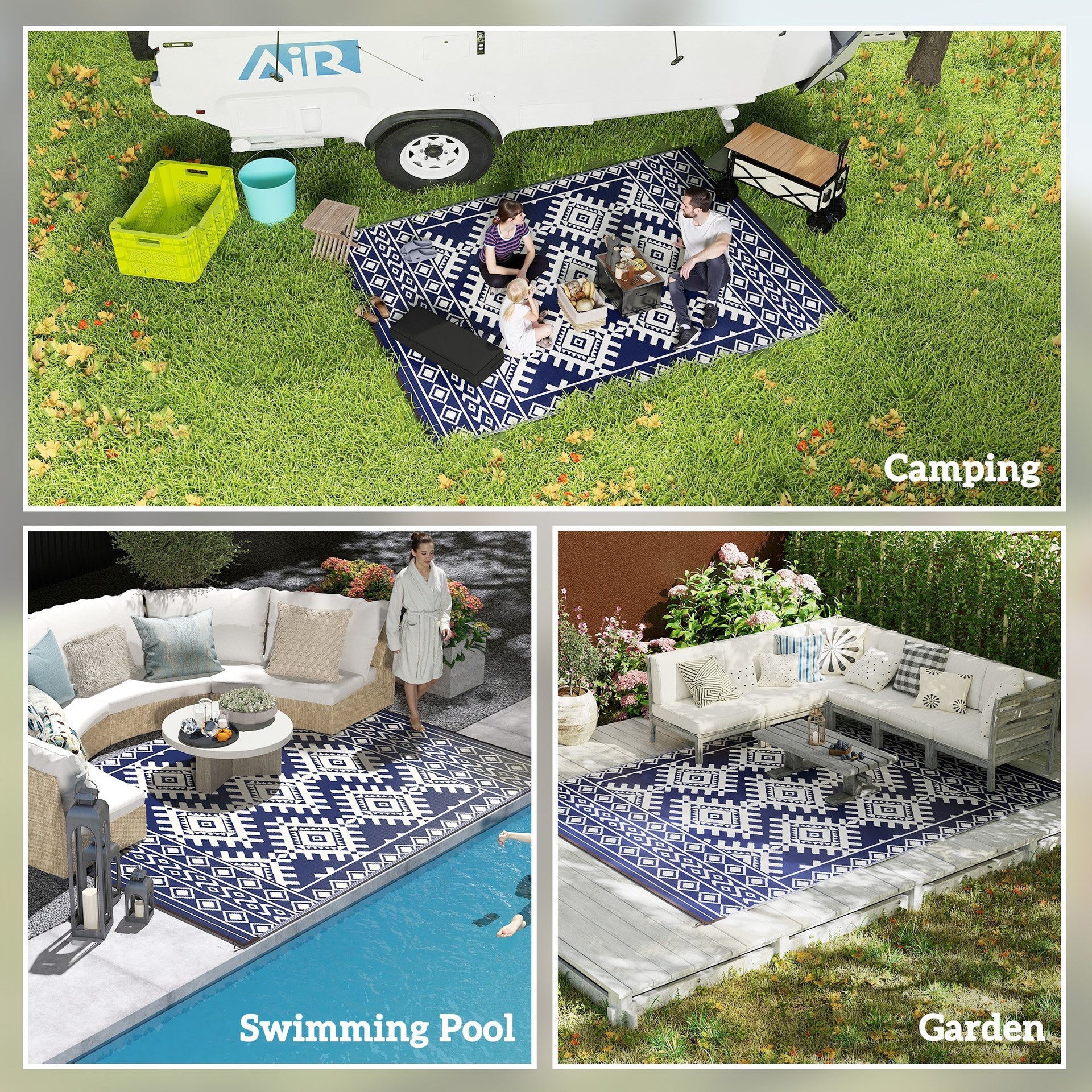 Outsunny Reversible Outdoor Rug, Waterproof Plastic Straw with Carry Bag, 9' x 12', Blue & White Rhombus Border