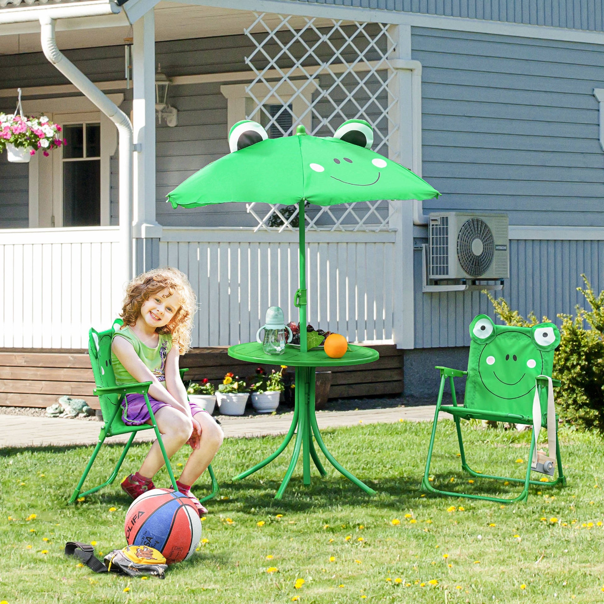 Outsunny Kids Table and Chair Set, Outdoor Folding Garden Furniture, Picnic Table for Patio Backyard, with Removable & Height Adjustable Sun Umbrella, Green Frog