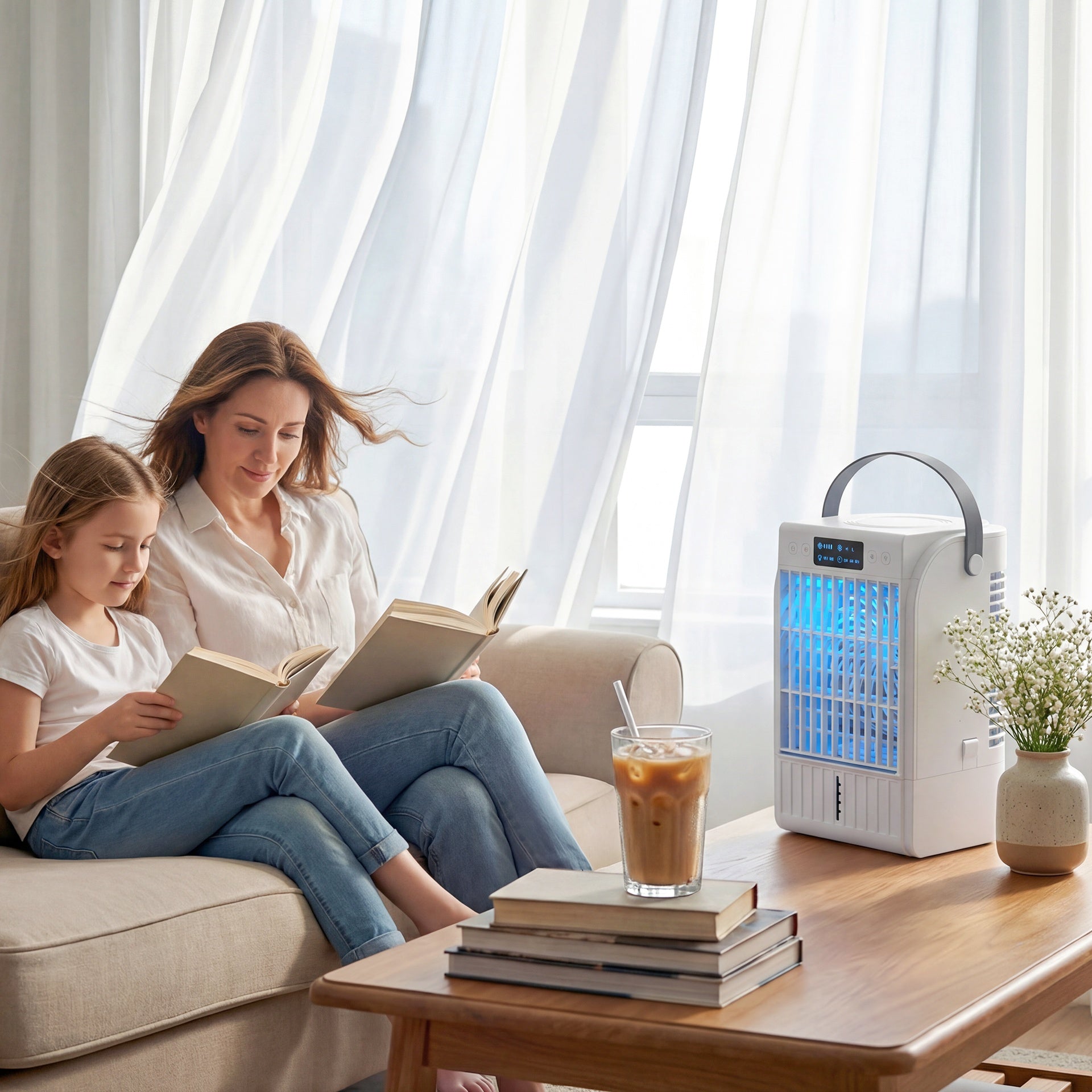 HOMCOM Portable Air Conditioner, 4-in-1 Mini Air Cooler with 4 Wind Speed, 2 Mist Mode, RGB 7 LED Light