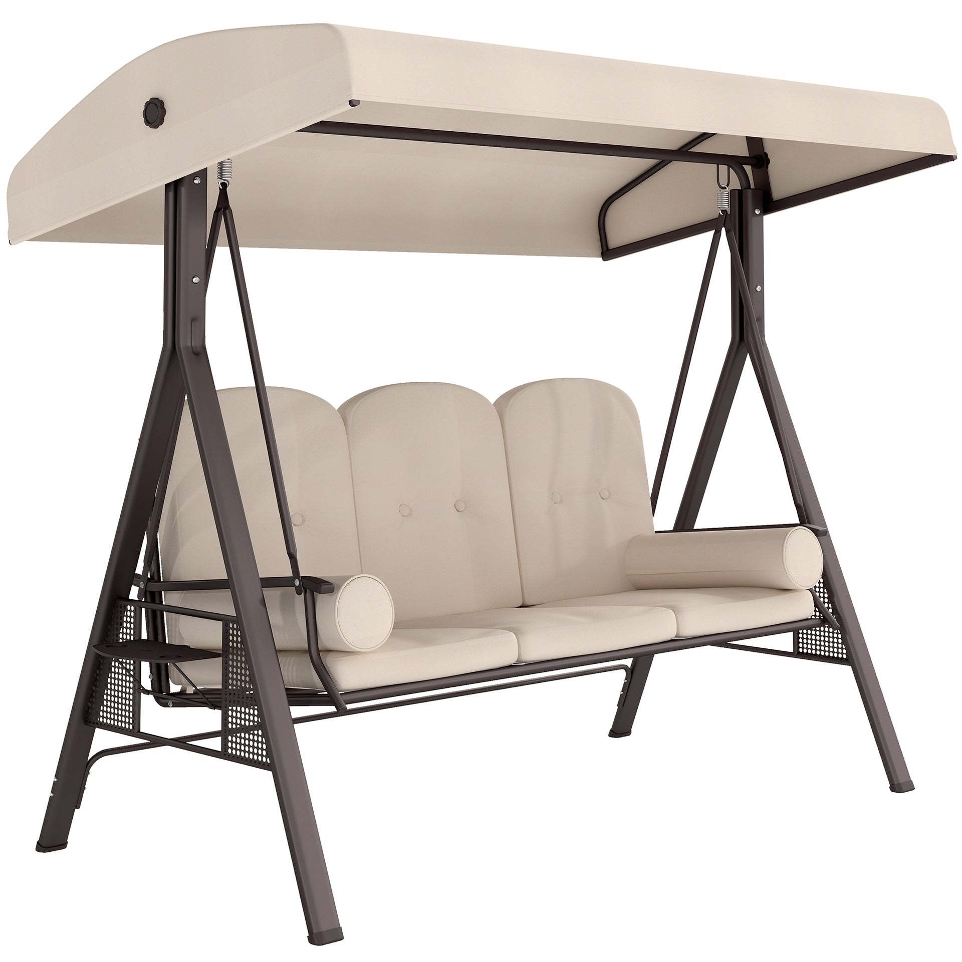 Outsunny 3-Seat Patio Swing Chair, Outdoor Porch Swing Glider with Adjustable Canopy, Removable Cushion, Pillows and Side Trays, for Garden, Poolside, Backyard, Beige