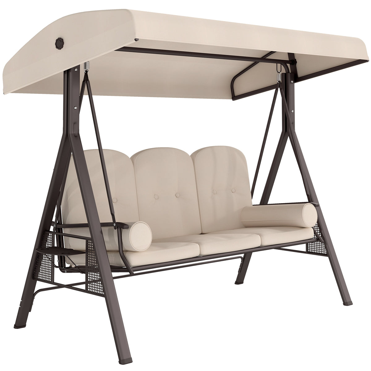 Outsunny 3-Seat Patio Swing Chair, Outdoor Porch Swing Glider with Adjustable Canopy, Removable Cushion, Pillows and Side Trays, for Garden, Poolside, Backyard, Beige