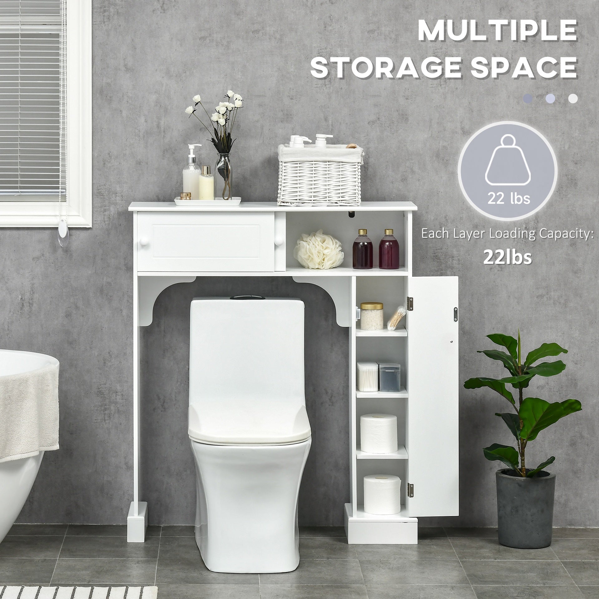 HOMCOM Over The Toilet Bathroom Cabinet, Freestanding Bathroom Storage Organizer with Adjustable Shelves, Toilet Rack, White
