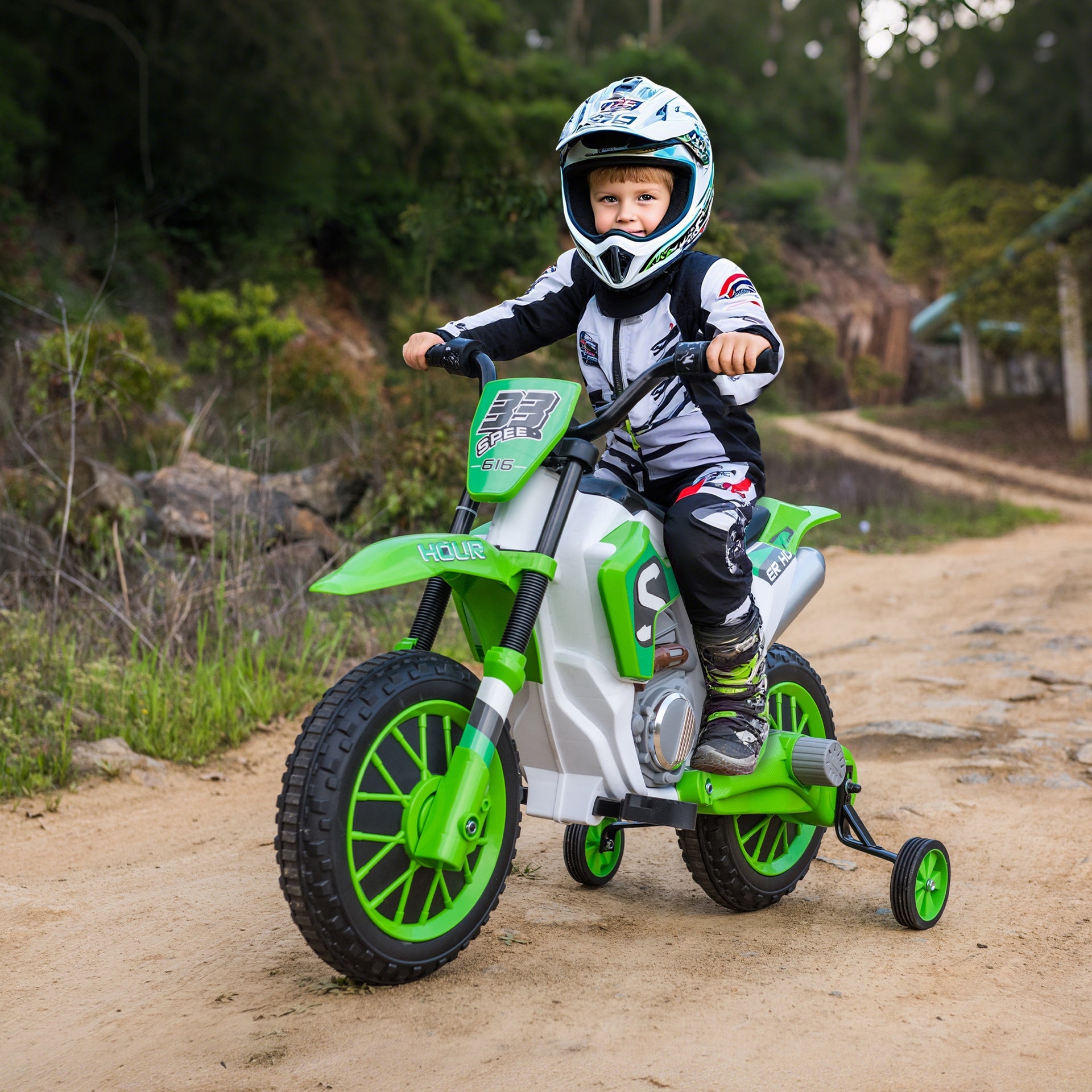 Aosom 12V Kids Motorcycle w/ Treaded Tires, 5mph Top Speed Electric Bike for Kids, Ride On Motorcycle w/ Training Wheels, Battery Charger, Spring Suspension, Green