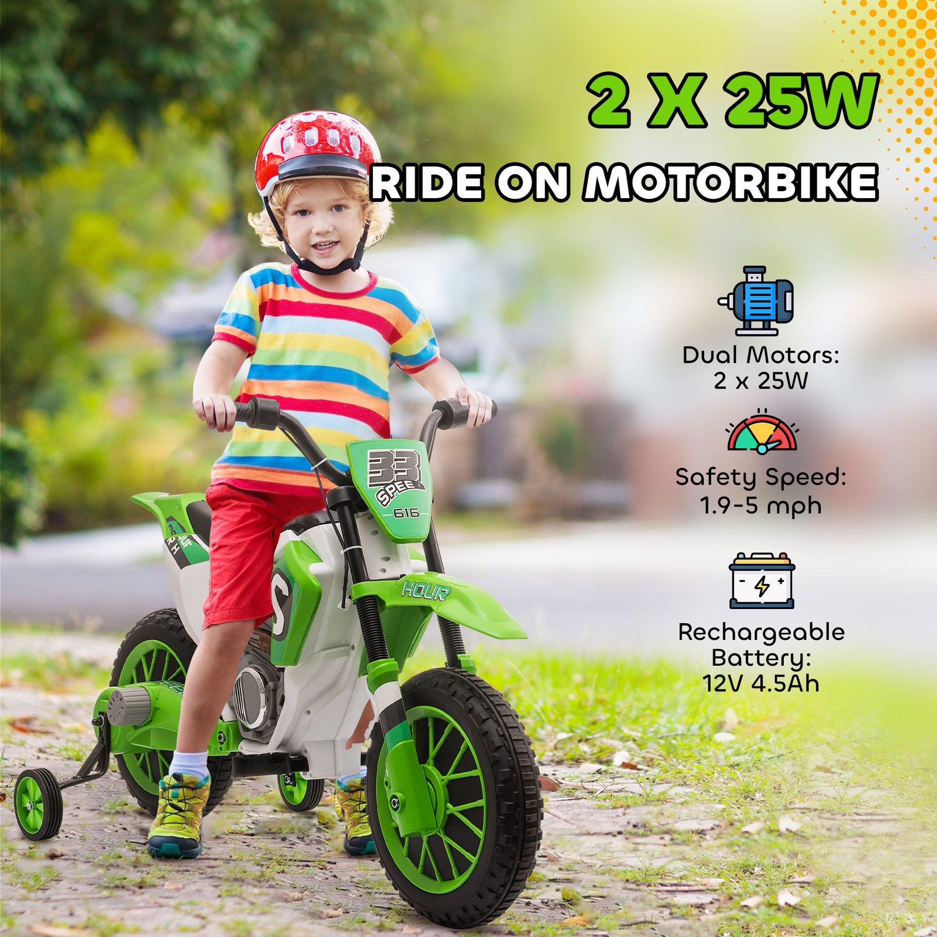 Aosom 12V Kids Motorcycle w/ Treaded Tires, 5mph Top Speed Electric Bike for Kids, Ride On Motorcycle w/ Training Wheels, Battery Charger, Spring Suspension, Green