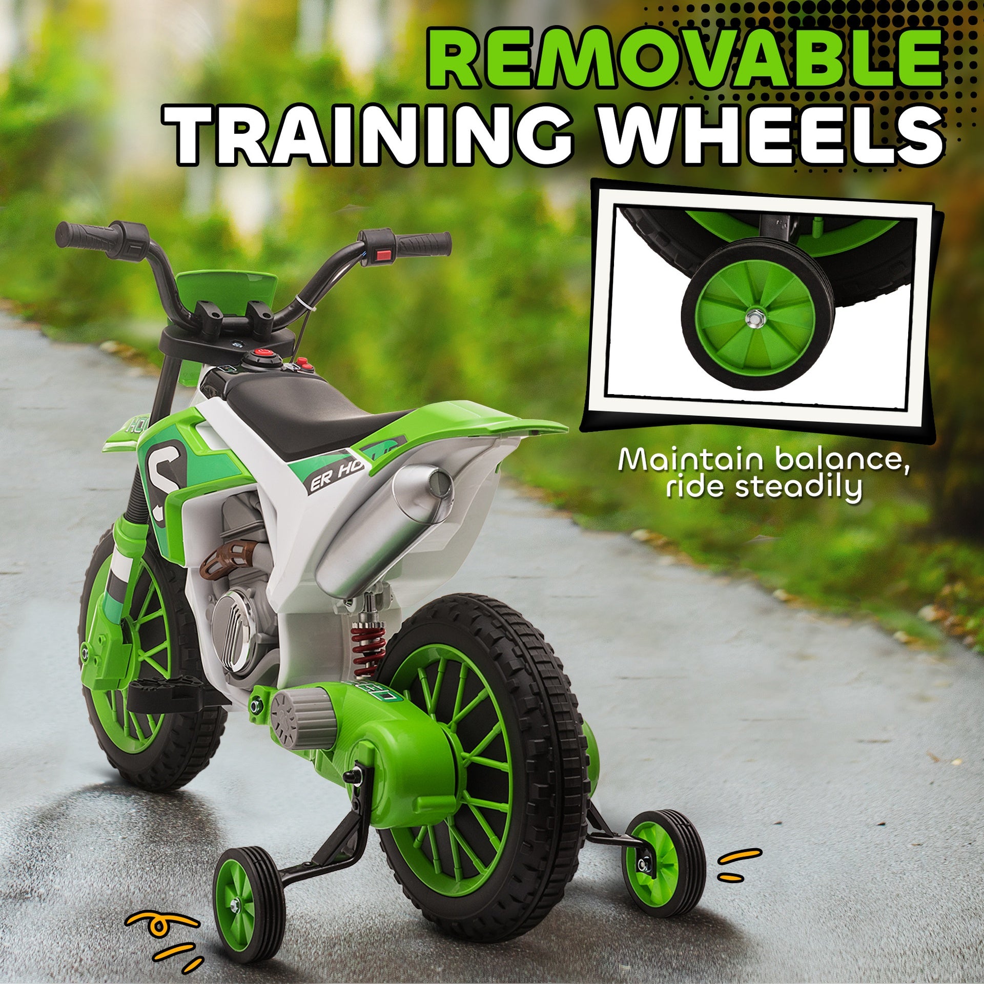 Aosom 12V Kids Motorcycle w/ Treaded Tires, 5mph Top Speed Electric Bike for Kids, Ride On Motorcycle w/ Training Wheels, Battery Charger, Spring Suspension, Green