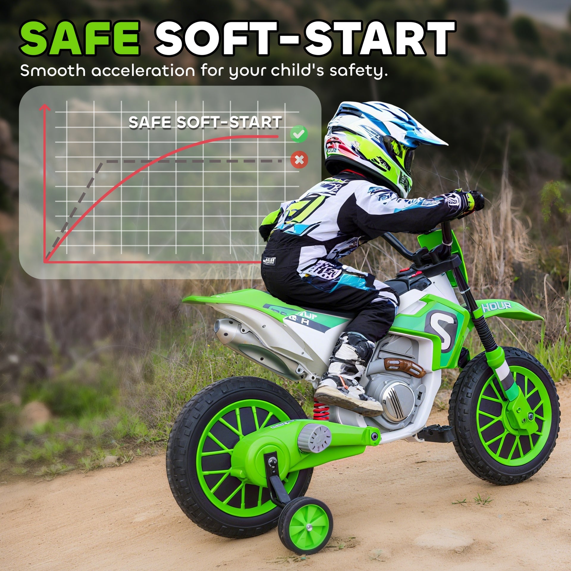 Aosom 12V Kids Motorcycle w/ Treaded Tires, 5mph Top Speed Electric Bike for Kids, Ride On Motorcycle w/ Training Wheels, Battery Charger, Spring Suspension, Green