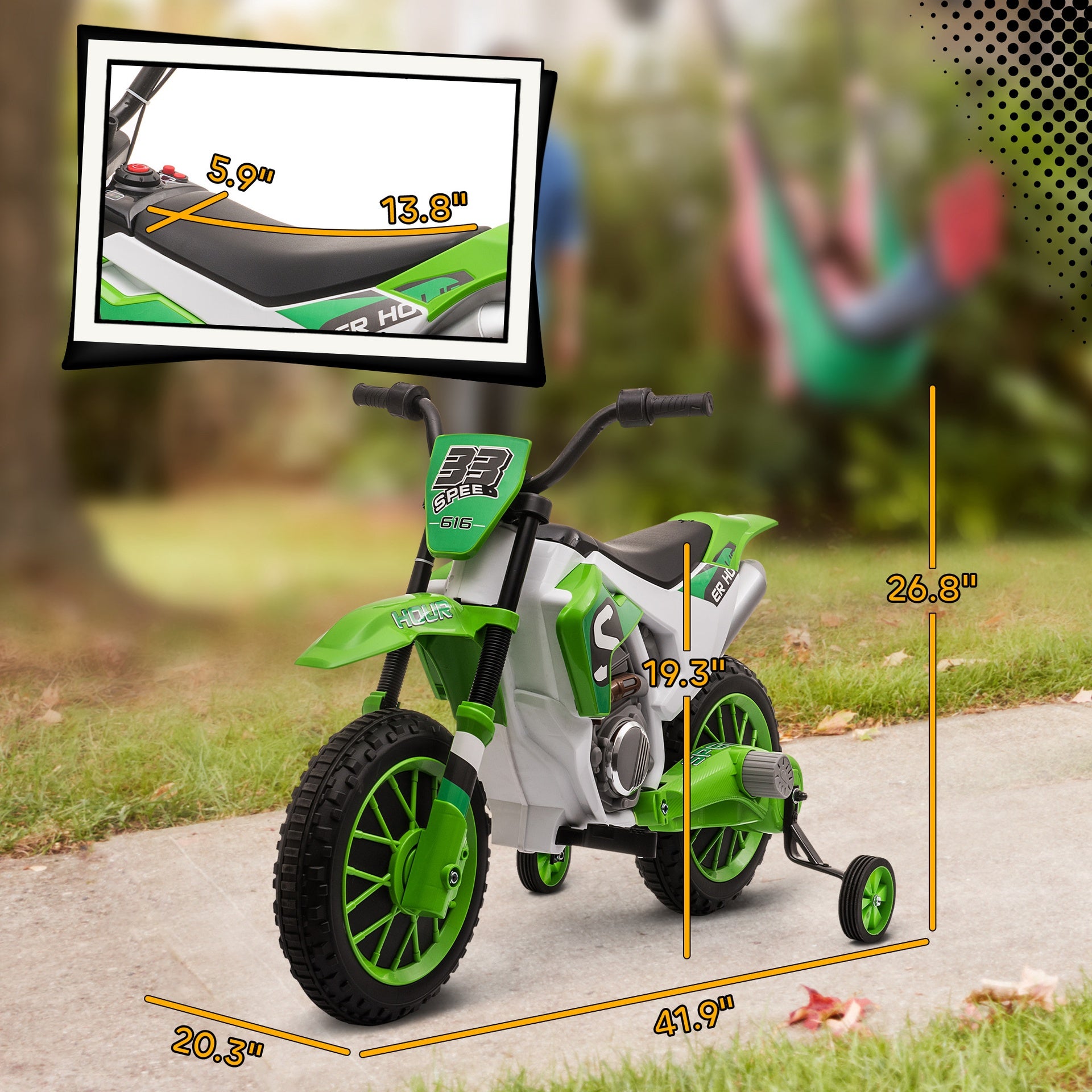 Aosom 12V Kids Motorcycle w/ Treaded Tires, 5mph Top Speed Electric Bike for Kids, Ride On Motorcycle w/ Training Wheels, Battery Charger, Spring Suspension, Green
