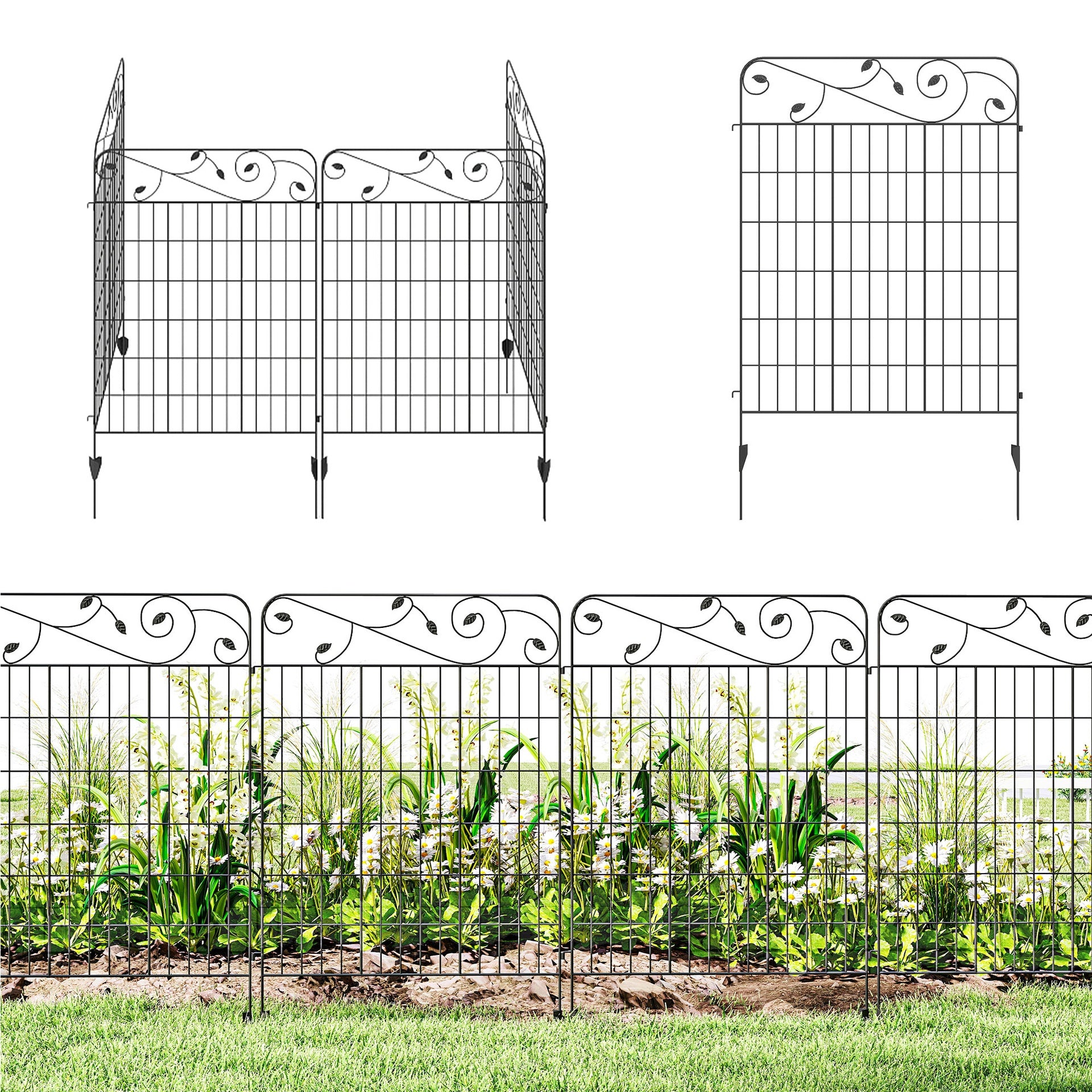 Outsunny Garden Fence, 4 Pack Steel Fence Panels, 11.5' L x 43" H, Rust-Resistant Decorative Border Flower Edging for Yard, Landscape, Patio, Outdoor Decor, Square Vines