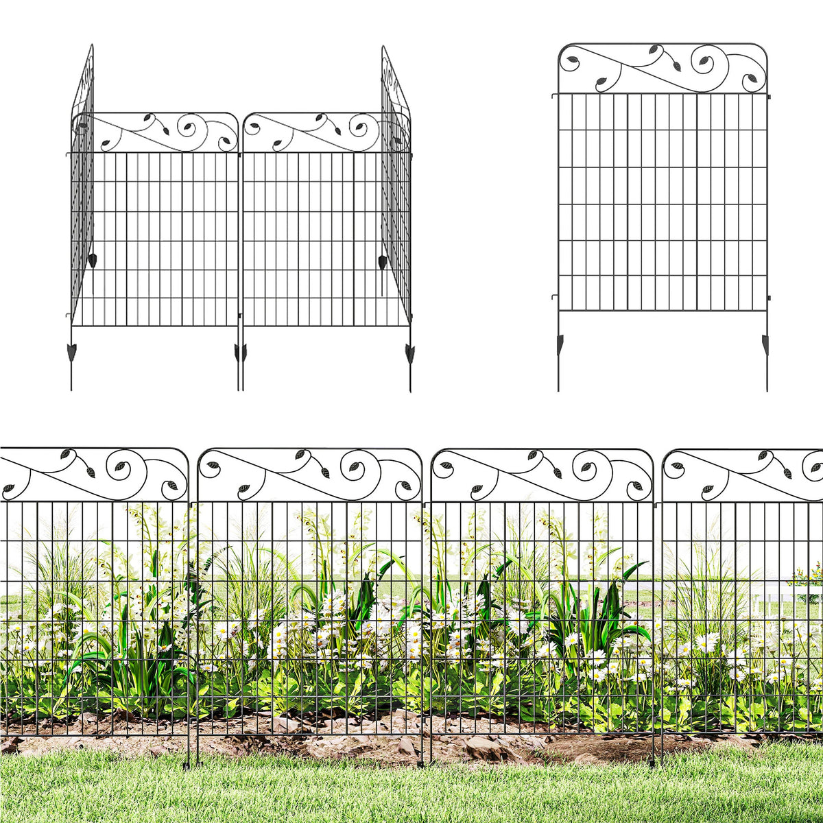 Outsunny Garden Fence, 4 Pack Steel Fence Panels, 11.5' L x 43" H, Rust-Resistant Decorative Border Flower Edging for Yard, Landscape, Patio, Outdoor Decor, Square Vines