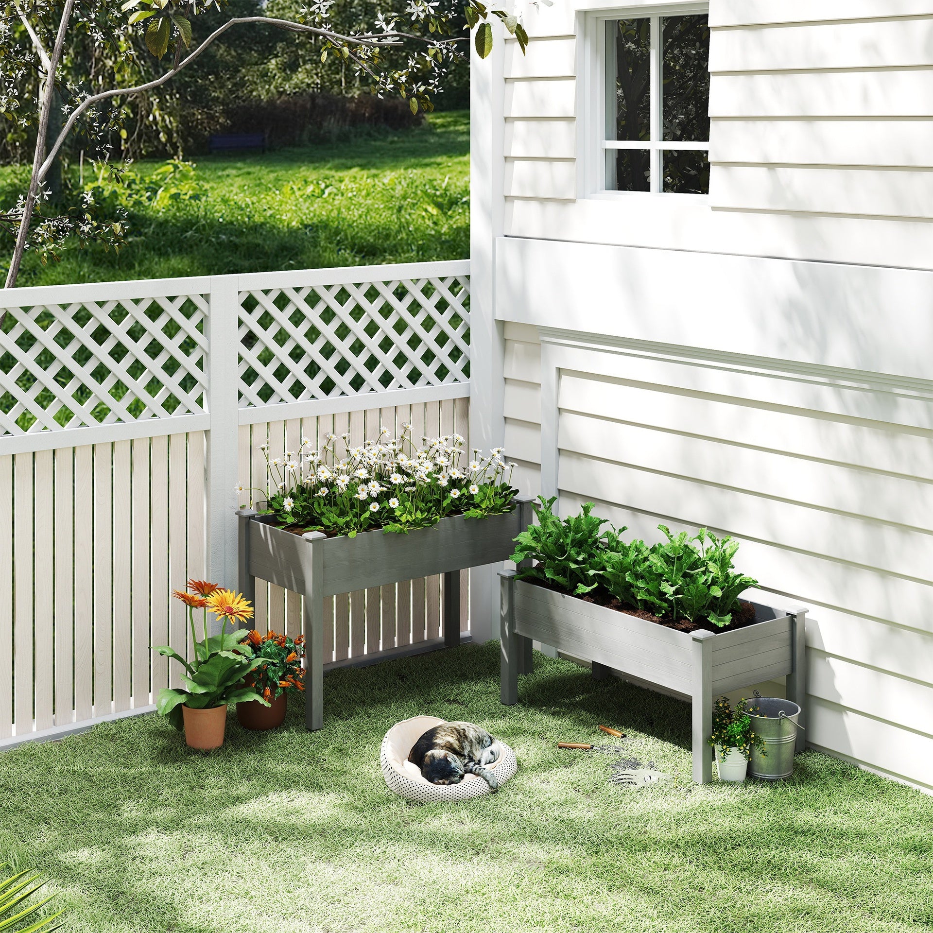 Outsunny 2 Tier Raised Garden Bed, Wooden Elevated Planter Box with Legs, Outdoor Plant Bed for Flowers Vegetables Herbs Gray