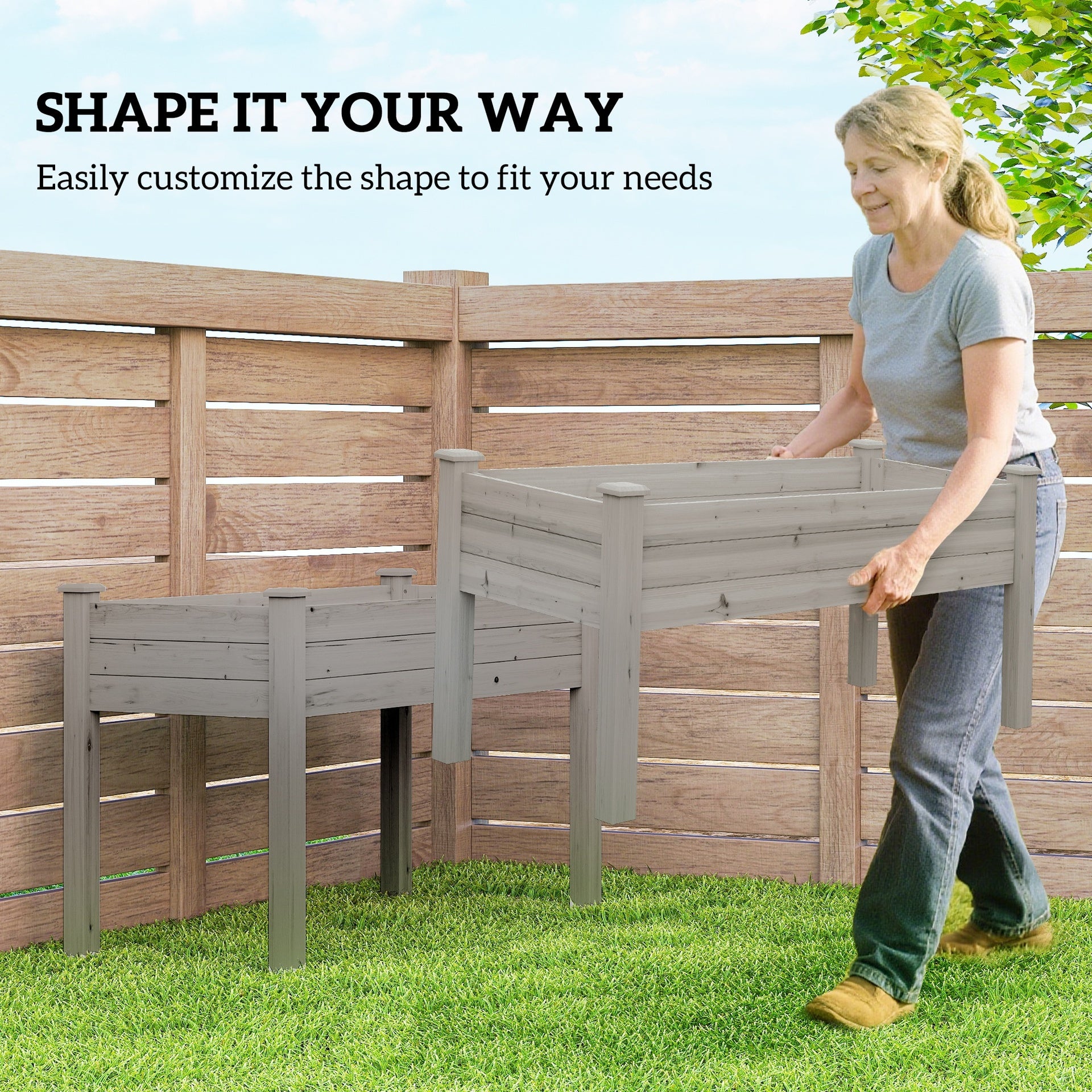 Outsunny 2 Tier Raised Garden Bed, Wooden Elevated Planter Box with Legs, Outdoor Plant Bed for Flowers Vegetables Herbs Gray