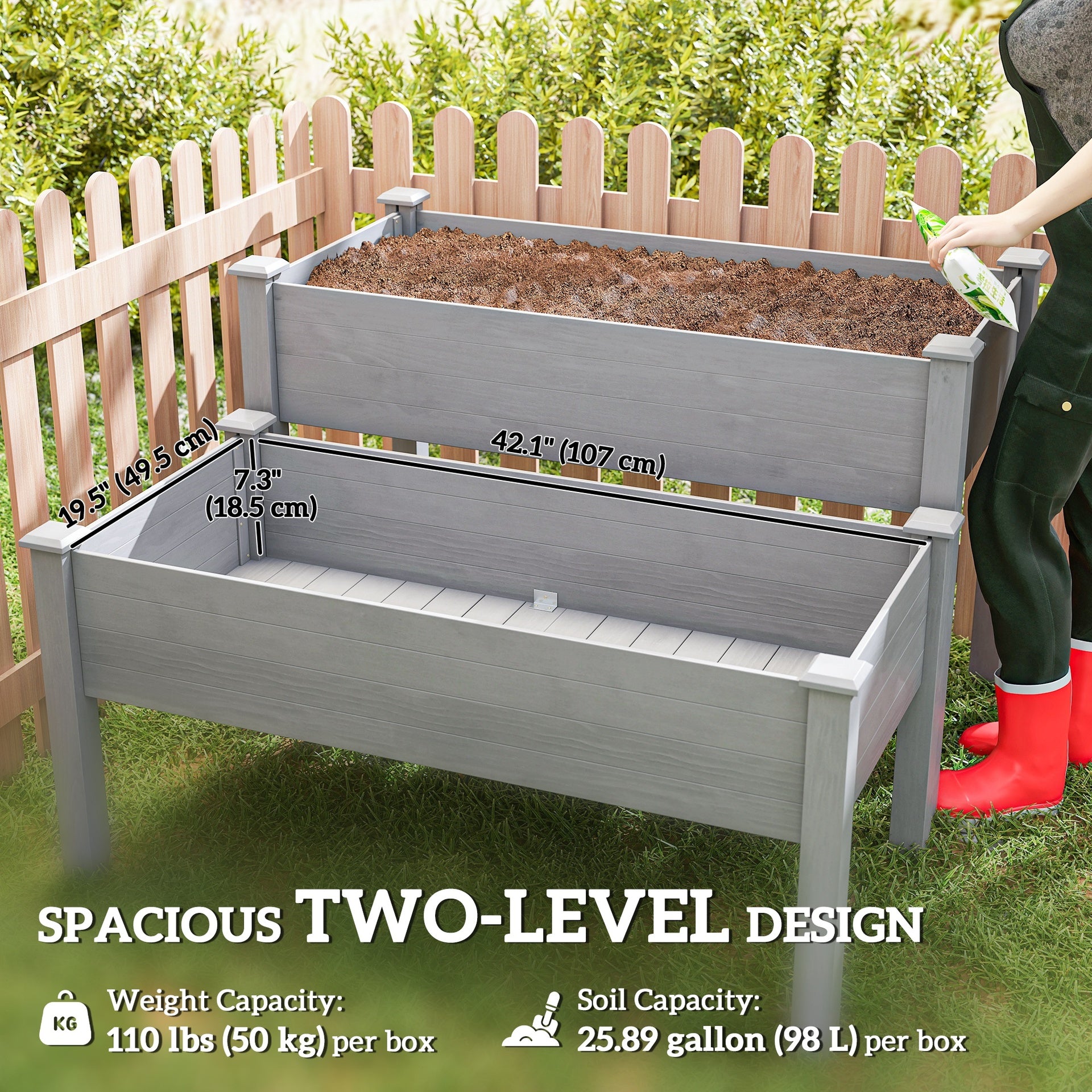 Outsunny 2 Tier Raised Garden Bed, Wooden Elevated Planter Box with Legs, Outdoor Plant Bed for Flowers Vegetables Herbs Gray