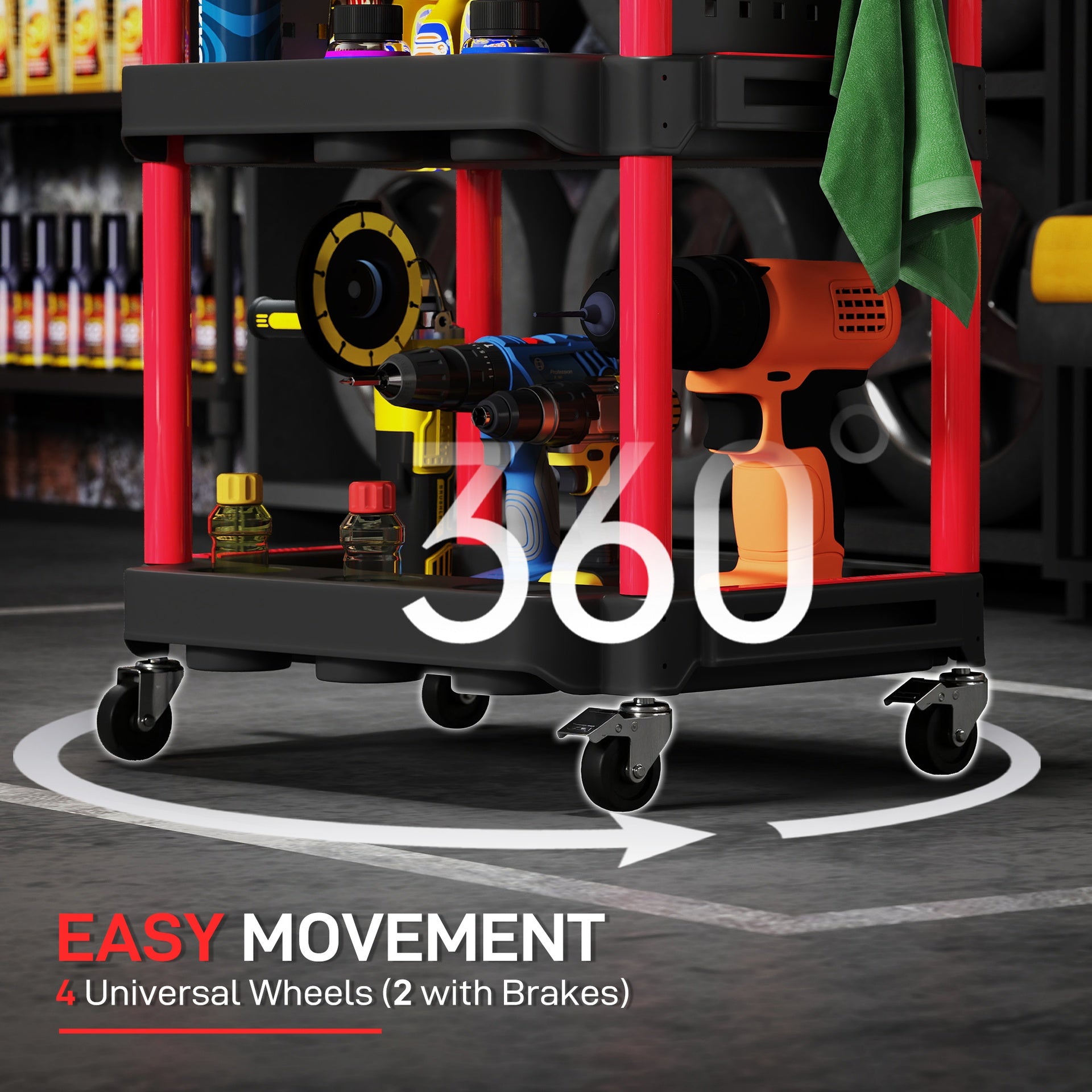 HOMCOM 3-Tier Rolling Tool Cart, 200 LBS Capacity Plastic Utility Cart with Side Shelves for Garage, Workshop, Black and Red