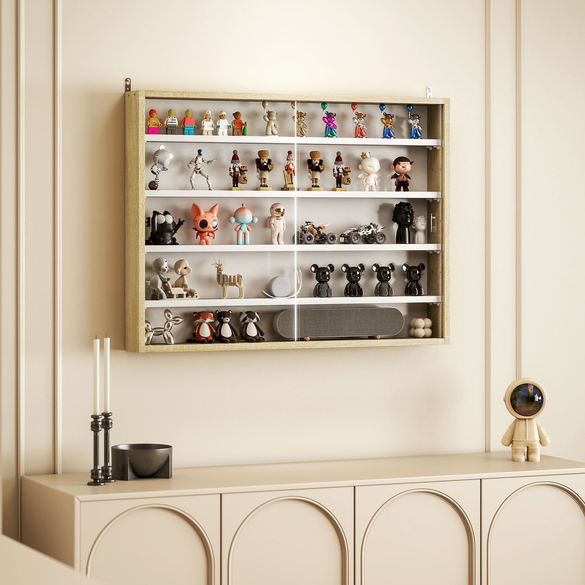 HOMCOM 5-Tier Display Cabinet, Wall-Mounted Display Case with 2 Glass Doors and Adjustable Shelves, Oak and White