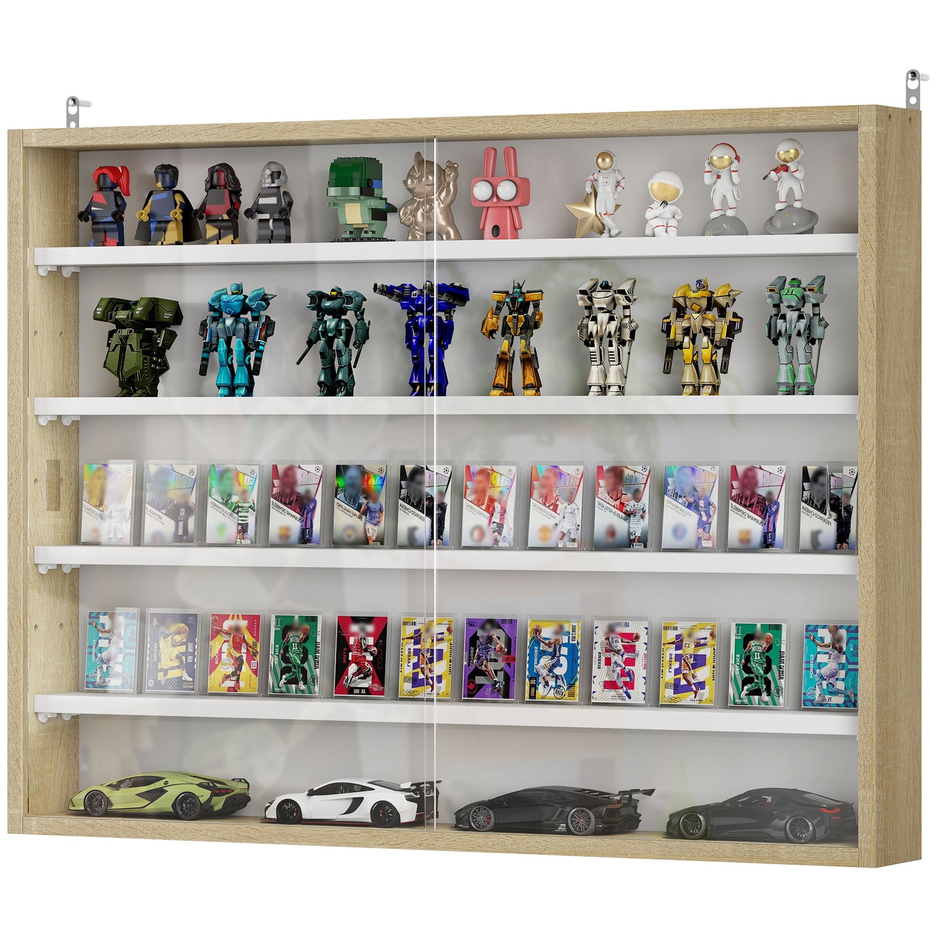 HOMCOM 5-Tier Display Cabinet, Wall-Mounted Display Case with 2 Glass Doors and Adjustable Shelves, Oak and White