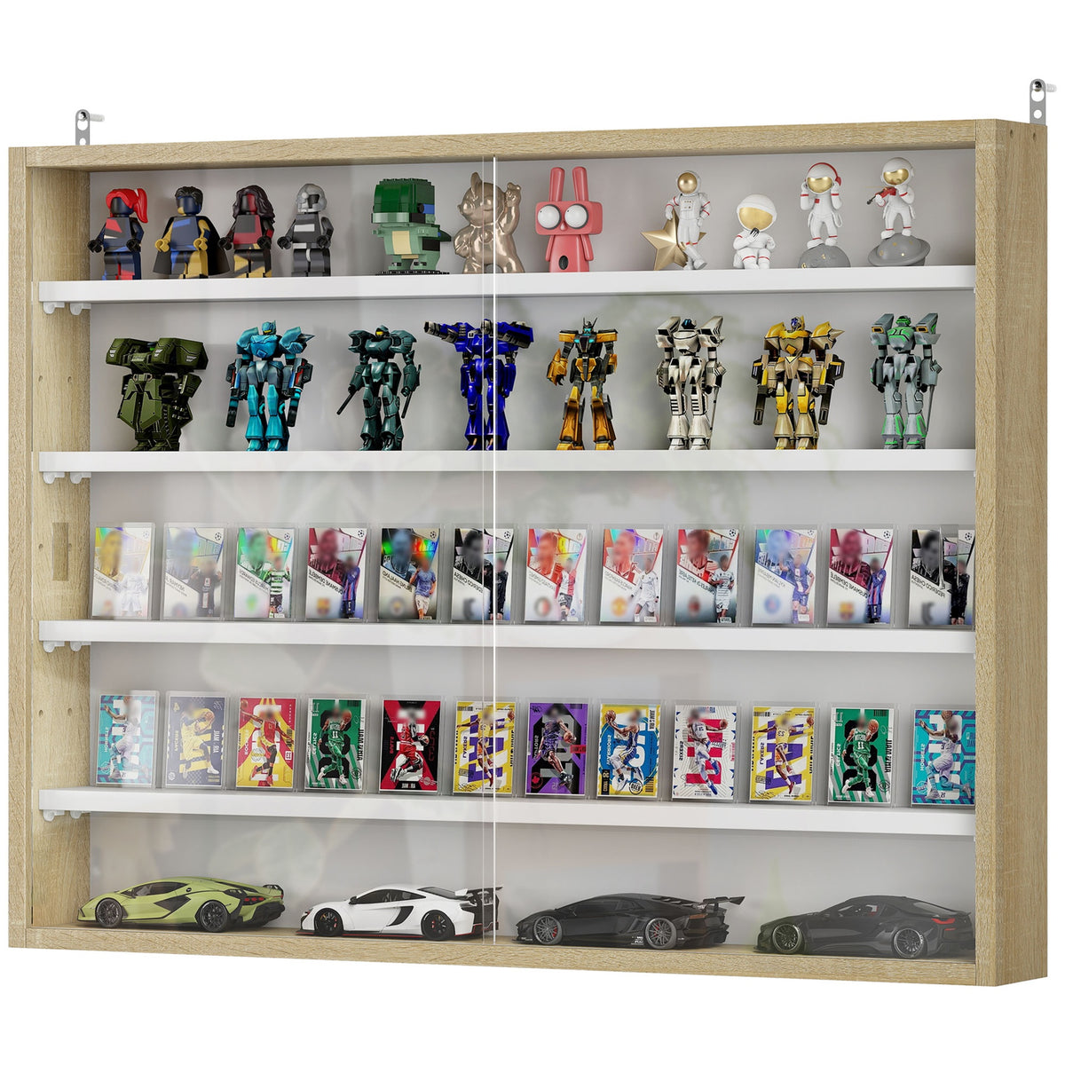 HOMCOM 5-Tier Display Cabinet, Wall-Mounted Display Case with 2 Glass Doors and Adjustable Shelves, Oak and White