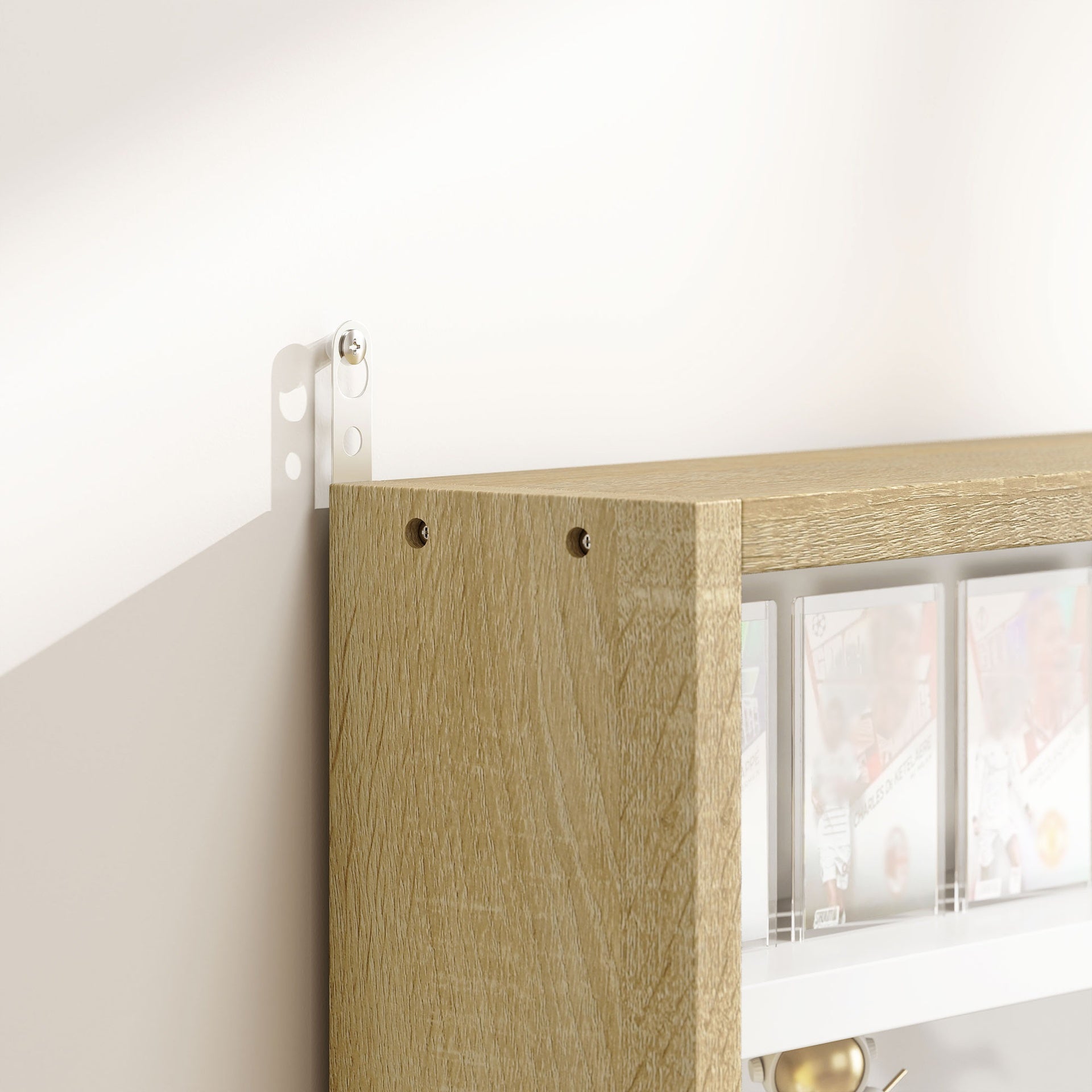 HOMCOM 5-Tier Display Cabinet, Wall-Mounted Display Case with 2 Glass Doors and Adjustable Shelves, Oak and White