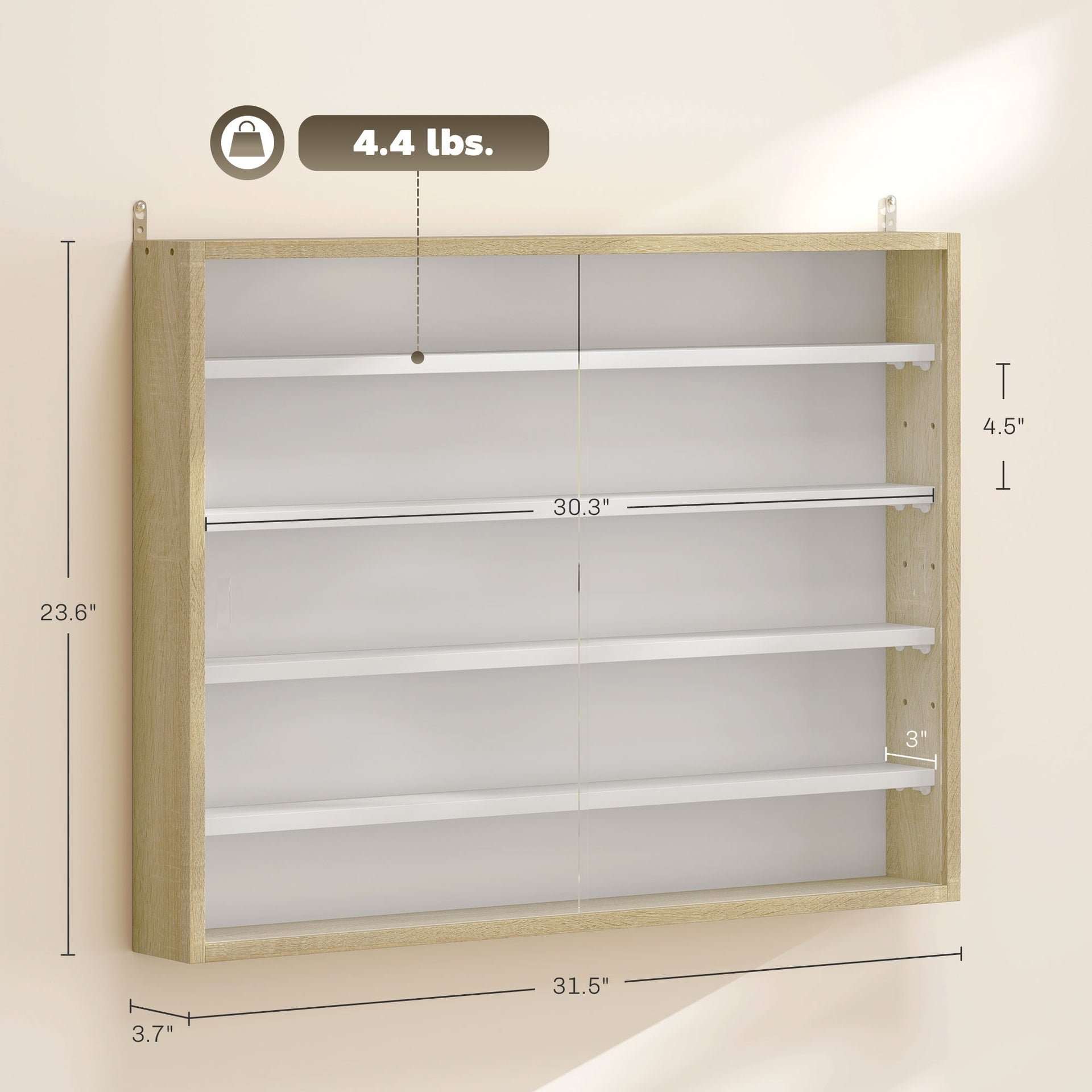 HOMCOM 5-Tier Display Cabinet, Wall-Mounted Display Case with 2 Glass Doors and Adjustable Shelves, Oak and White