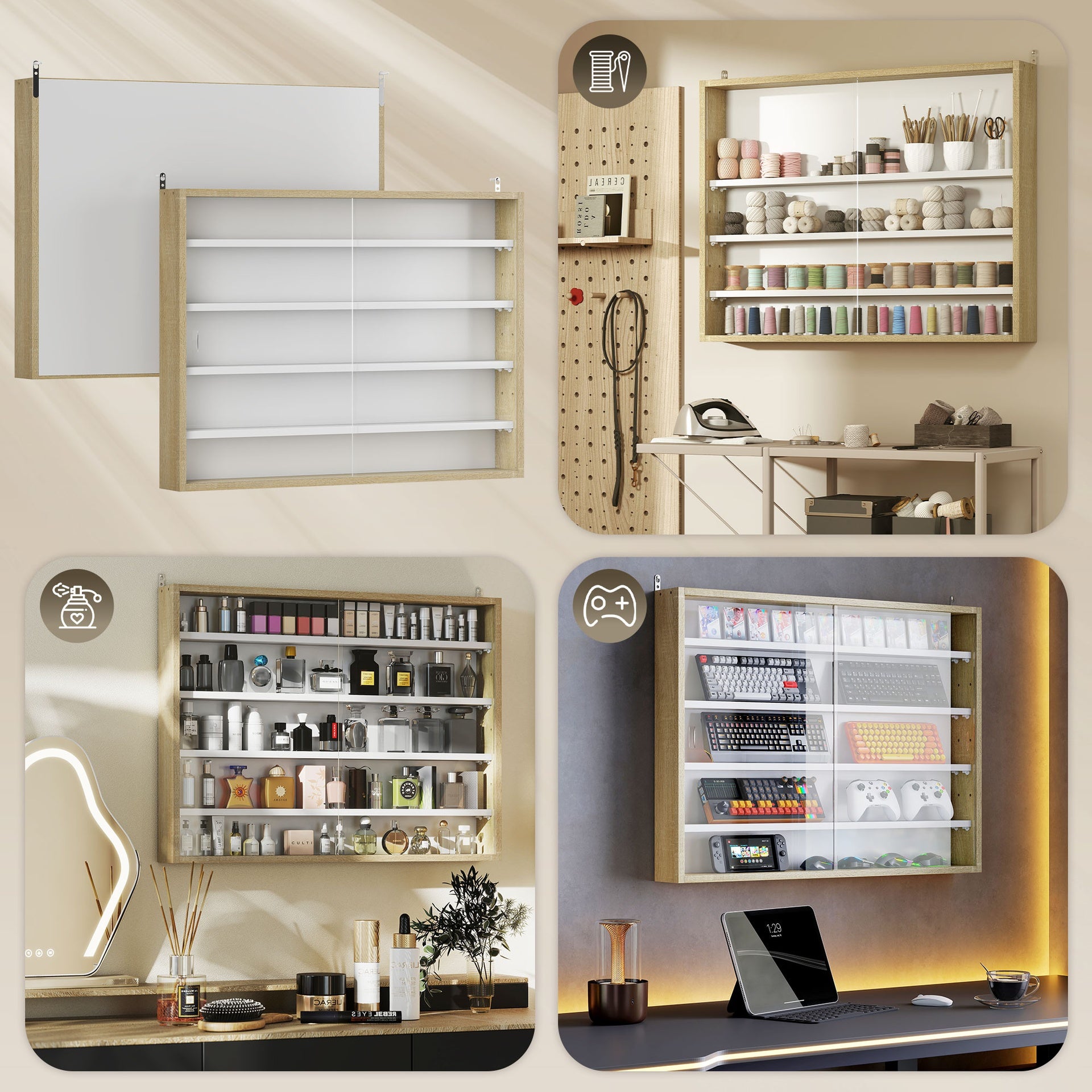 HOMCOM 5-Tier Display Cabinet, Wall-Mounted Display Case with 2 Glass Doors and Adjustable Shelves, Oak and White