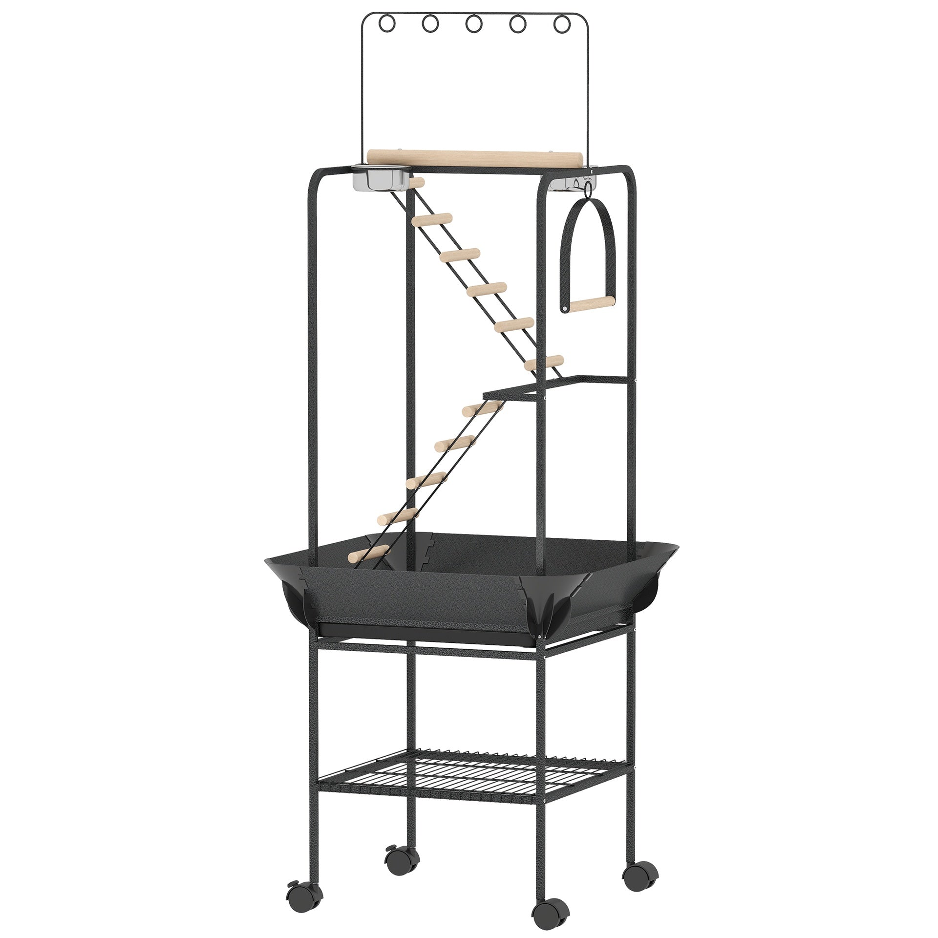 PawHut 64"H Rolling Bird Playground Parrot Stand with Seed Guard & Wheels, Ladders, Swing, Toy Hook & Bowls