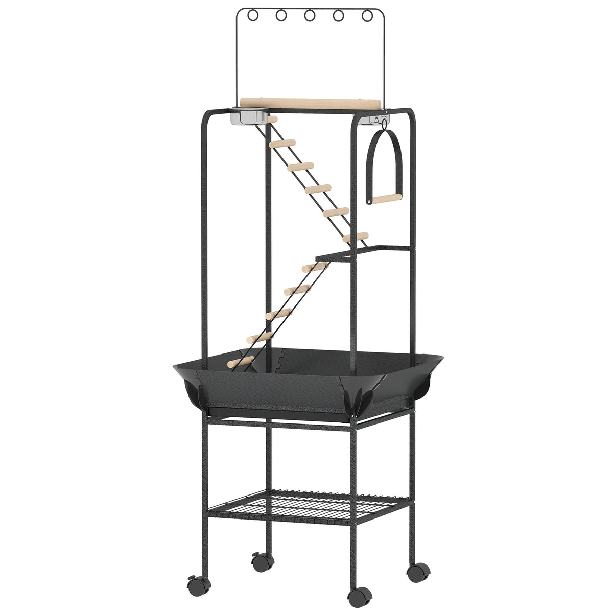 PawHut 64"H Rolling Bird Playground Parrot Stand with Seed Guard & Wheels, Ladders, Swing, Toy Hook & Bowls