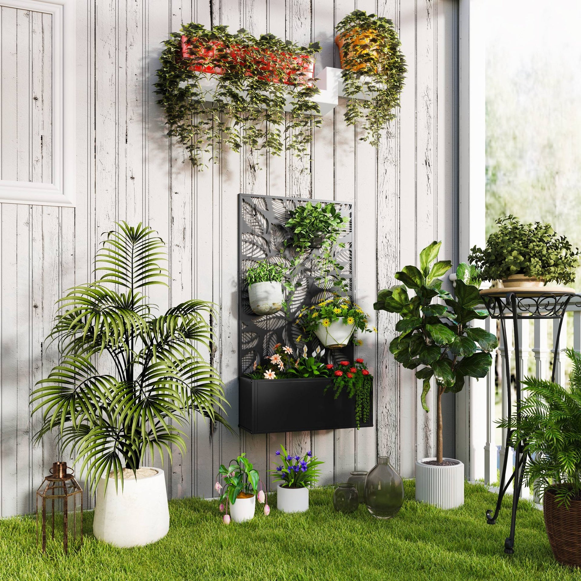 Outsunny Metal Garden Bed with Trellis for Climbing Plants, Freestanding or Wall Mounted Flower Bed for Garden, Patio, Balcony