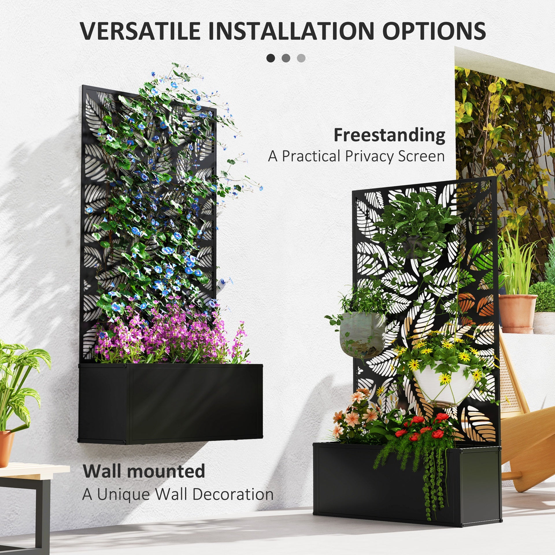 Outsunny Metal Garden Bed with Trellis for Climbing Plants, Freestanding or Wall Mounted Flower Bed for Garden, Patio, Balcony