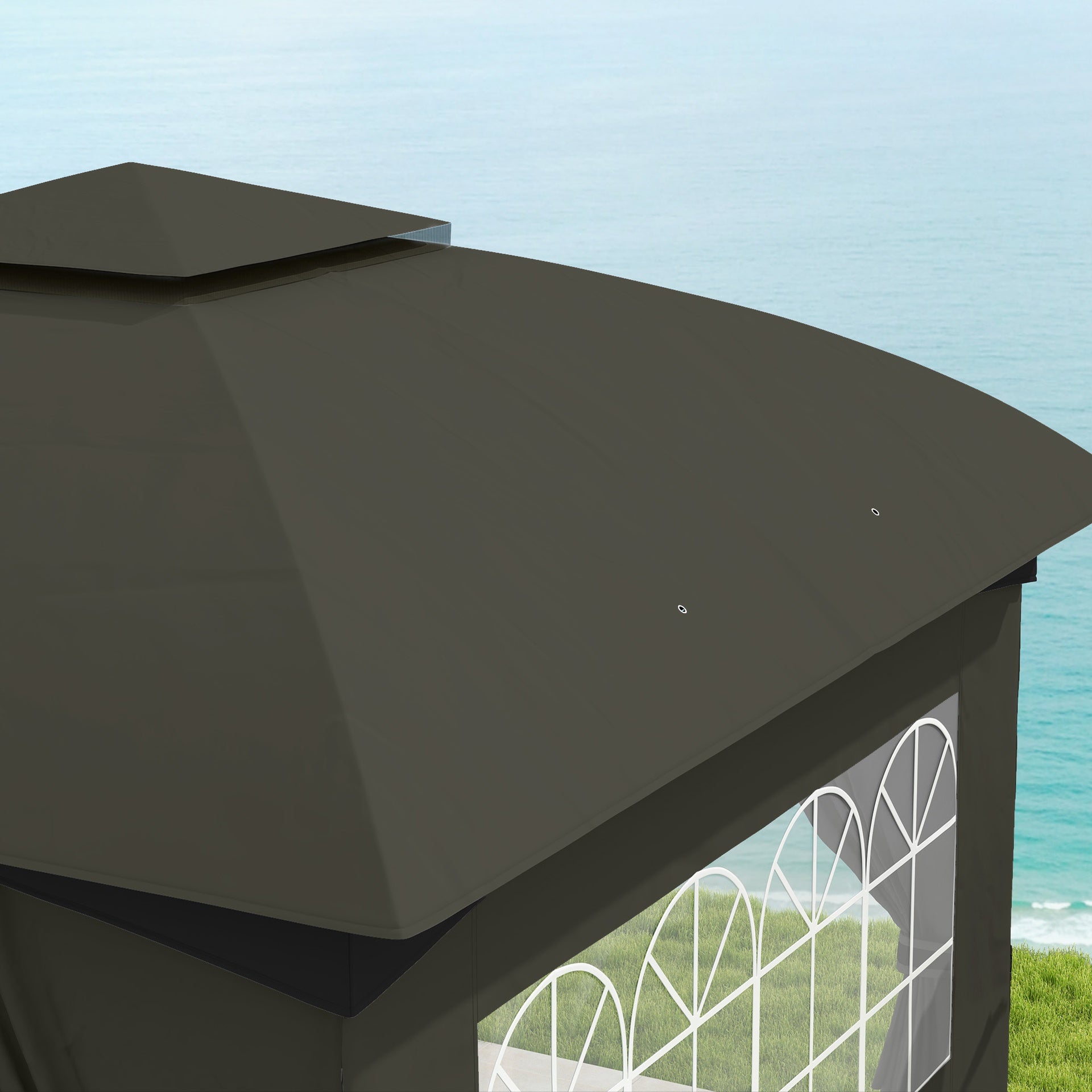 Outsunny 11' x 11' Outdoor Gazebo, Double Roof Patio Gazebo with Curtains, Church Windows, Galvanized Steel Frame, Dark Gray