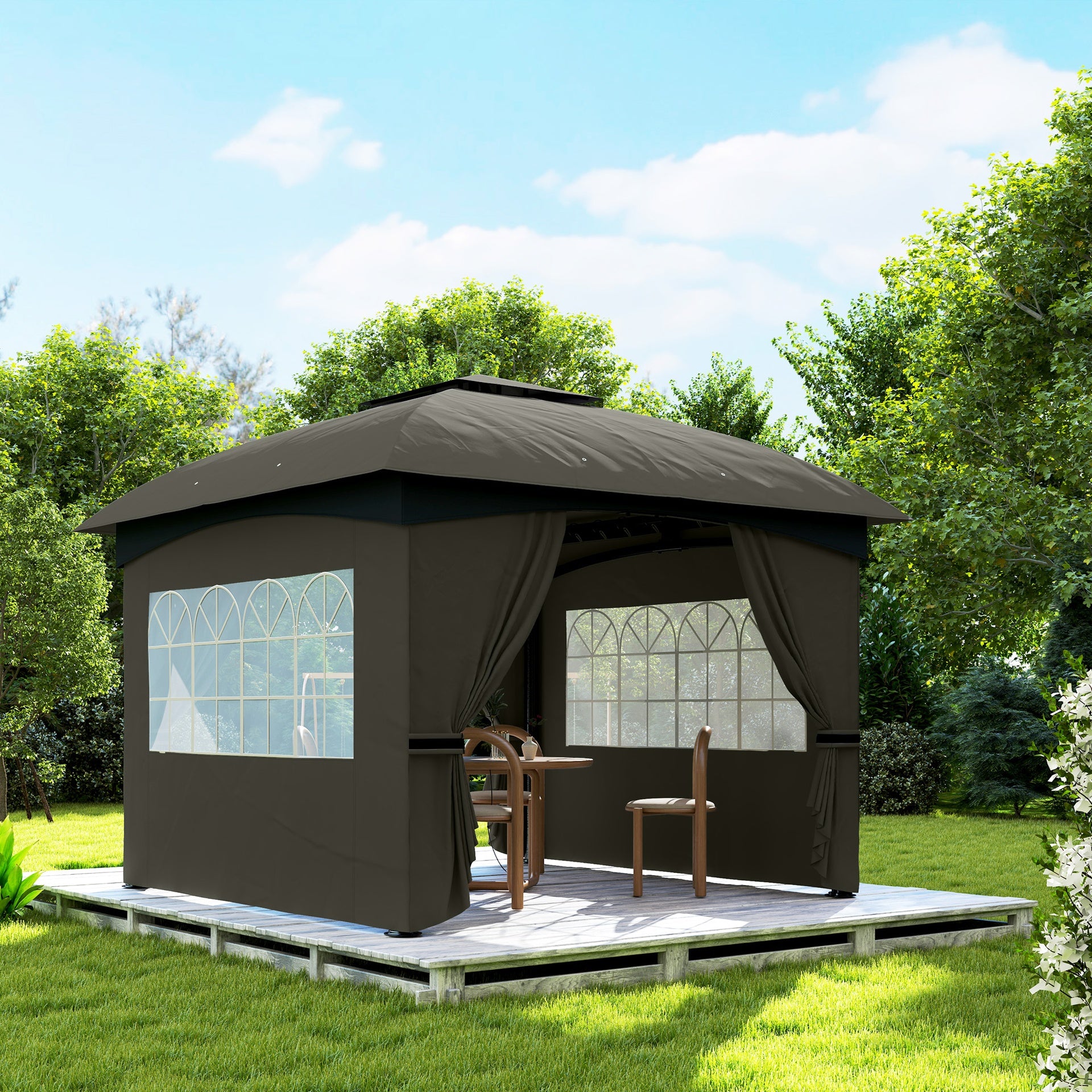 Outsunny 11' x 11' Outdoor Gazebo, Double Roof Patio Gazebo with Curtains, Church Windows, Galvanized Steel Frame, Dark Gray