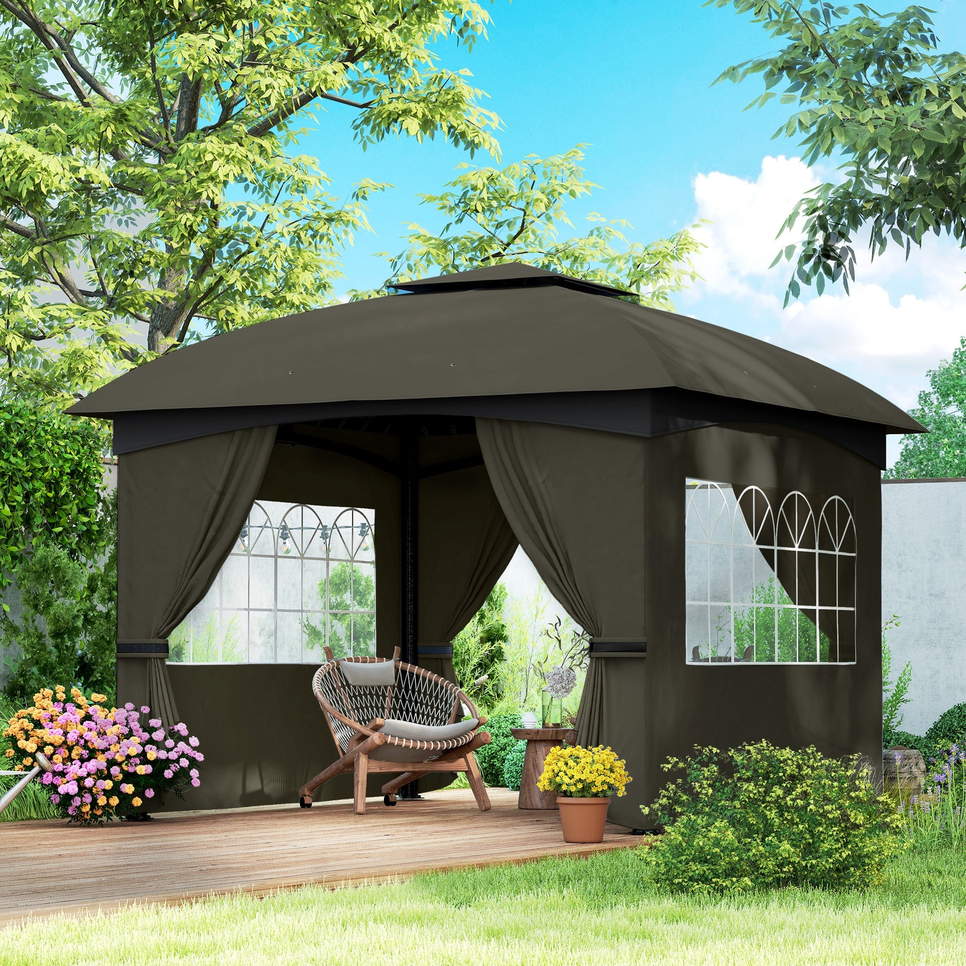 Outsunny 11' x 11' Outdoor Gazebo, Double Roof Patio Gazebo with Curtains, Church Windows, Galvanized Steel Frame, Dark Gray