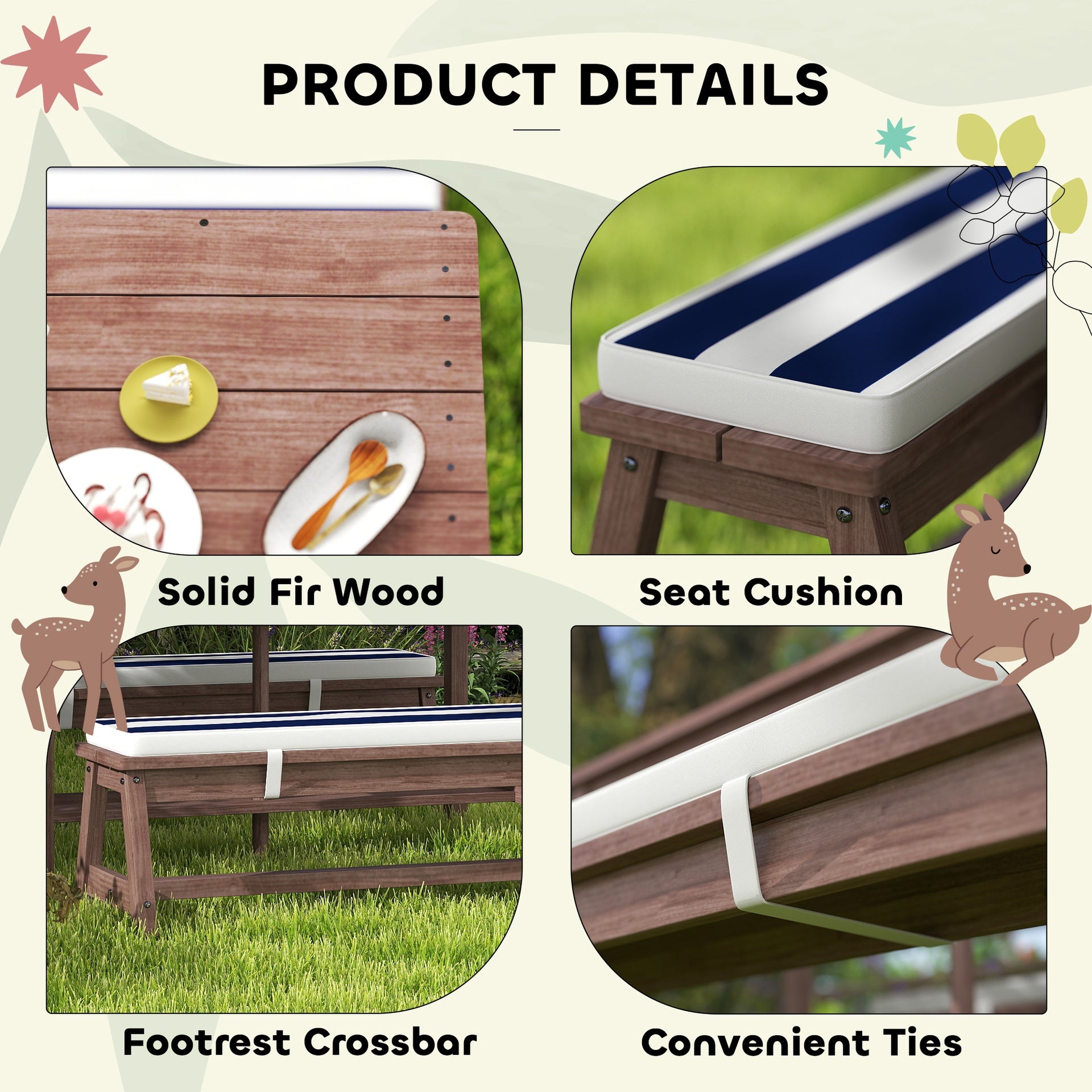 Qaba Outdoor Wooden Kids Picnic Table & Bench Set with Cushions and Umbrella, for Patio, Garden, Navy Blue