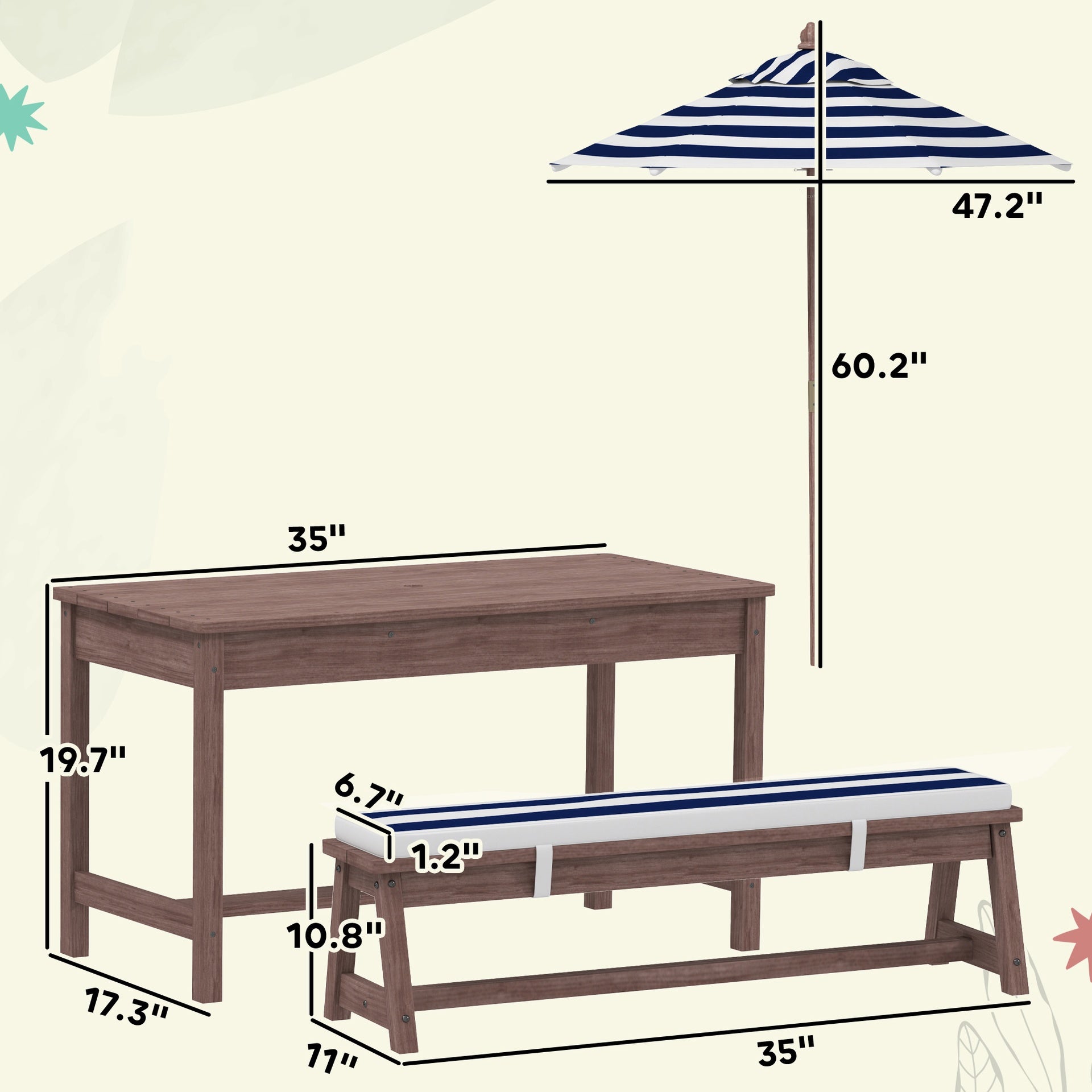 Qaba Outdoor Wooden Kids Picnic Table & Bench Set with Cushions and Umbrella, for Patio, Garden, Navy Blue