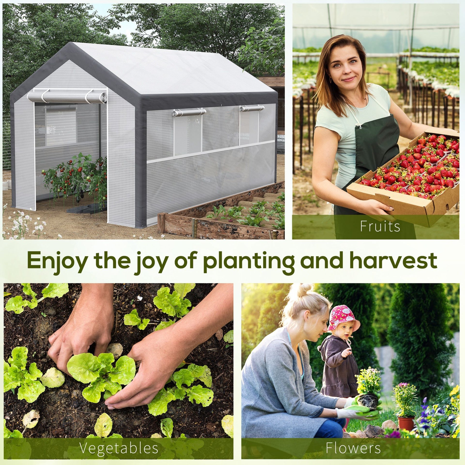 Outsunny 12' x 7' x 7' Greenhouse, Walk-in Outdoor Tunnel Green House with PE Cover, Steel Frame, 2 Roll-Up Zipper Doors & 4 Windows for Flowers, Vegetables, Tropical Plants, White/Dark Gray