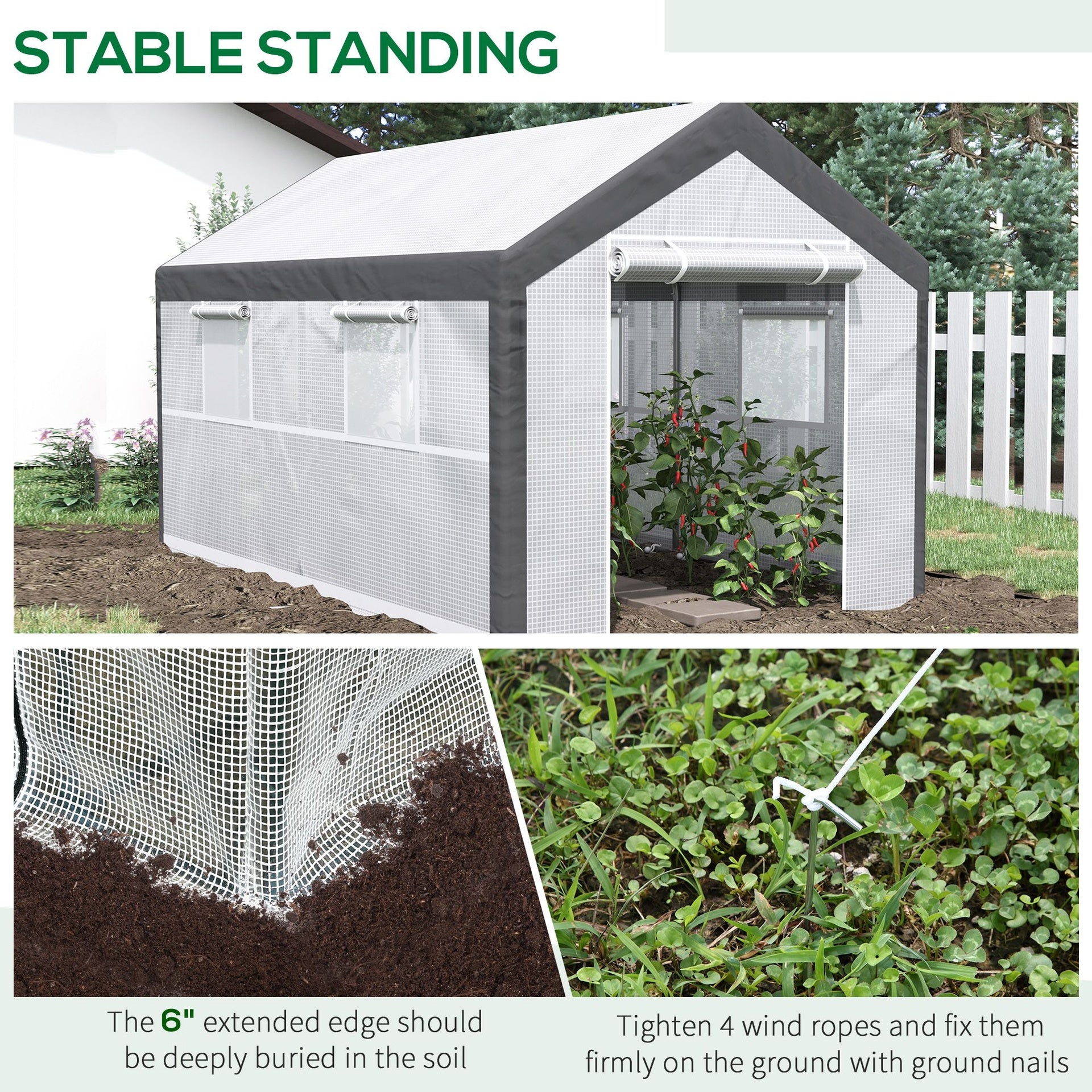 Outsunny 12' x 7' x 7' Greenhouse, Walk-in Outdoor Tunnel Green House with PE Cover, Steel Frame, 2 Roll-Up Zipper Doors & 4 Windows for Flowers, Vegetables, Tropical Plants, White/Dark Gray