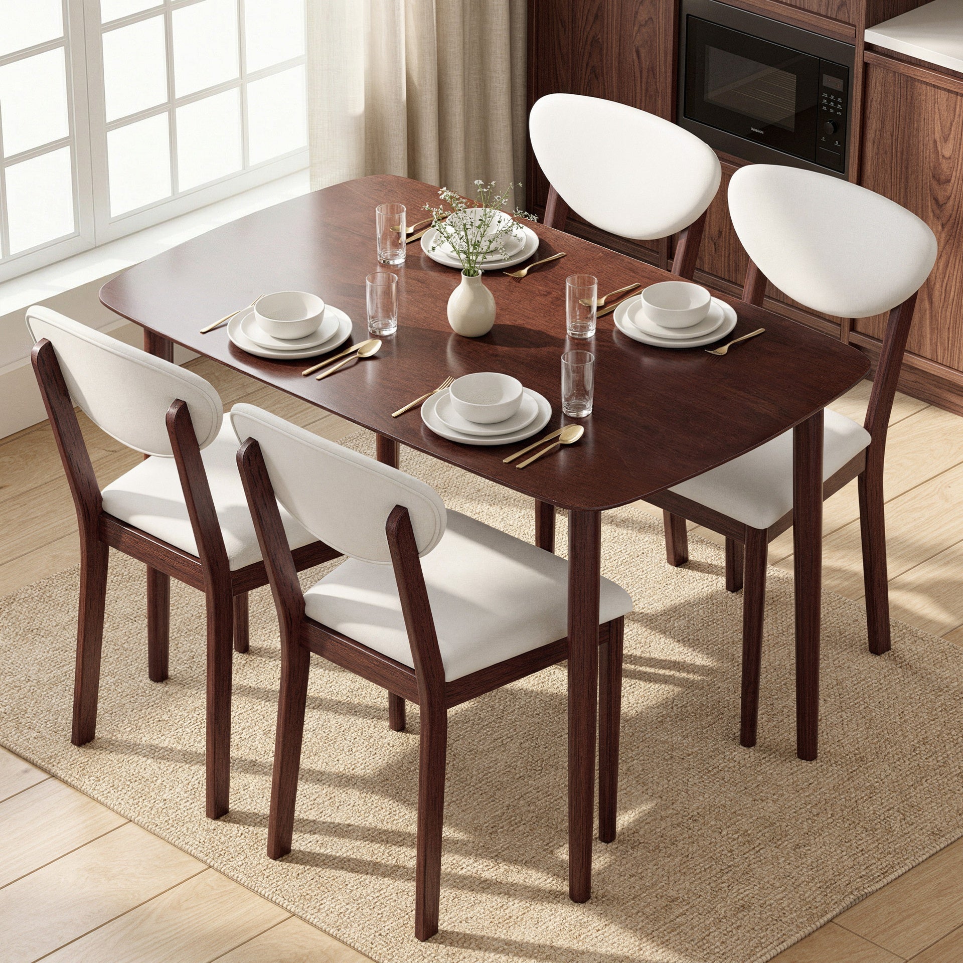HOMCOM 5-Piece Dining Table Set for 4, Mid-Century Modern Kitchen Table and Chairs, Cream White