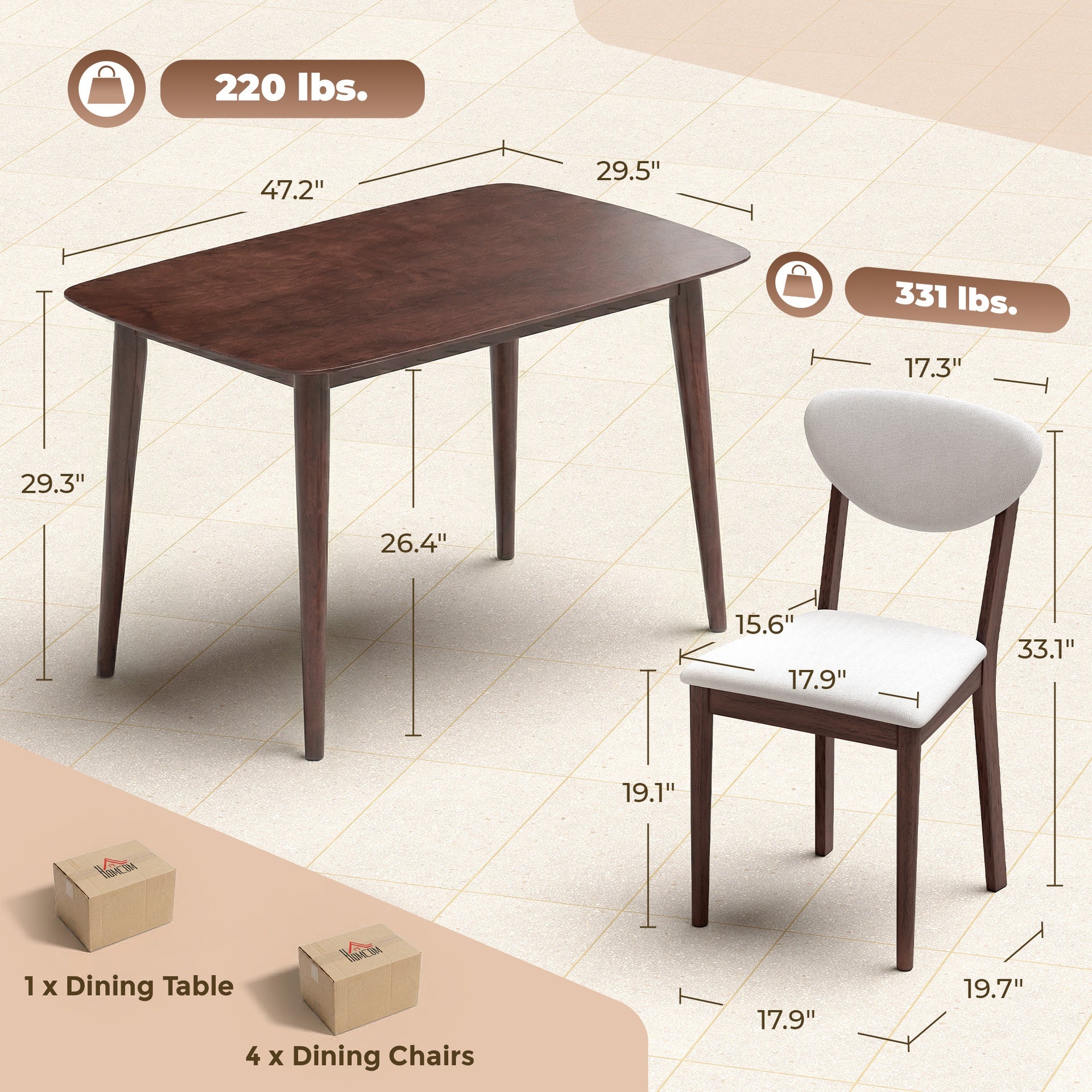 HOMCOM 5-Piece Dining Table Set for 4, Mid-Century Modern Kitchen Table and Chairs, Cream White