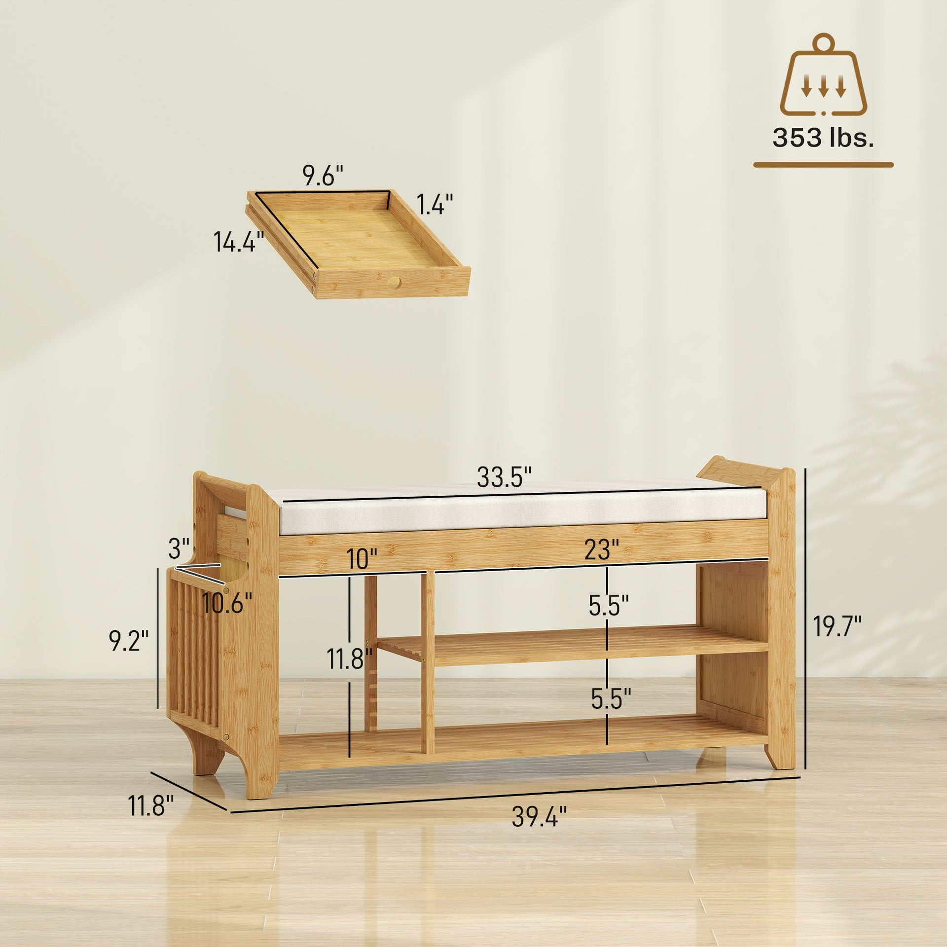 HOMCOM Shoe Bench with Cushioned Seat Shoe Storage Bench with Side Umbrella Holder for Entryway Natural and Cream
