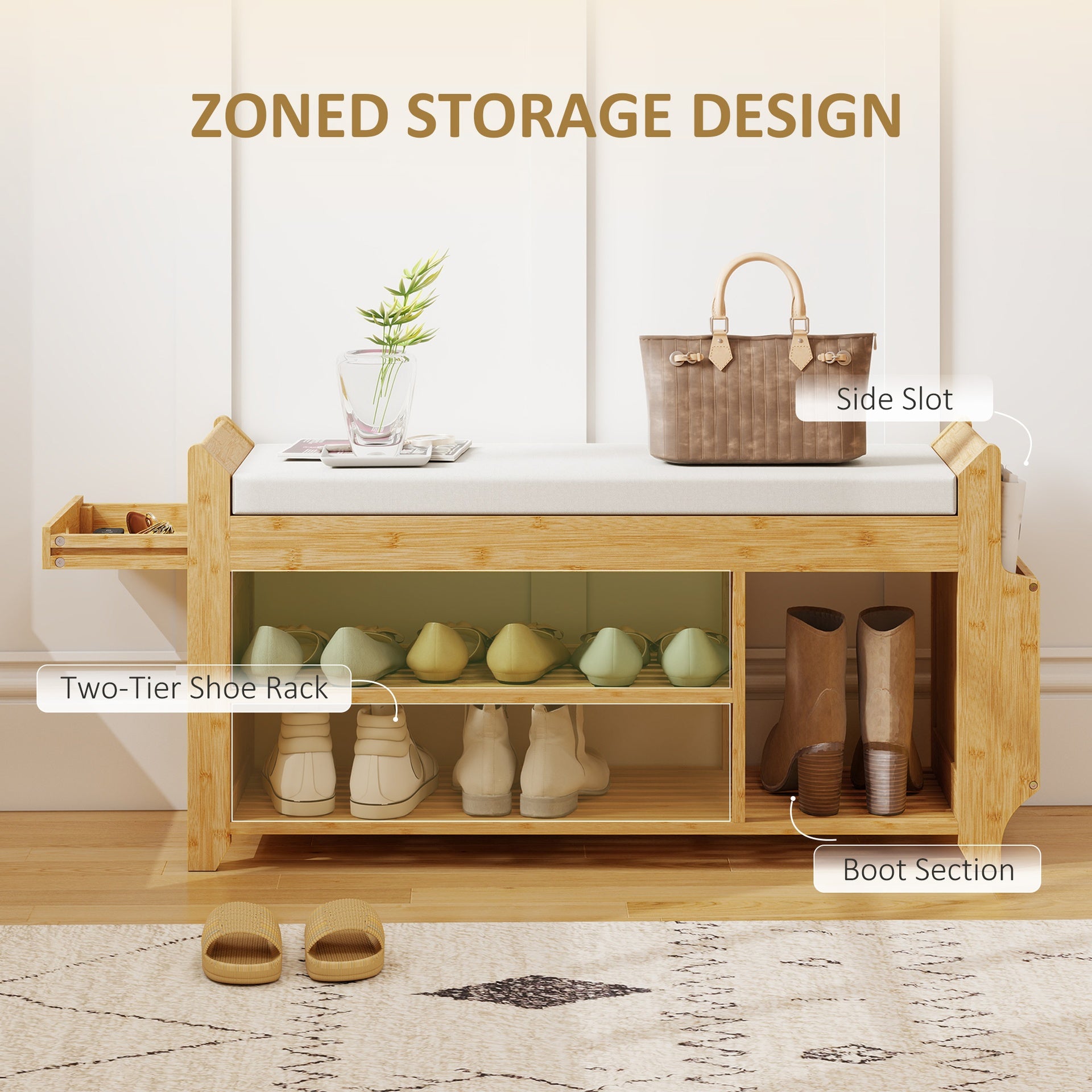HOMCOM Shoe Bench with Cushioned Seat Shoe Storage Bench with Side Umbrella Holder for Entryway Natural and Cream